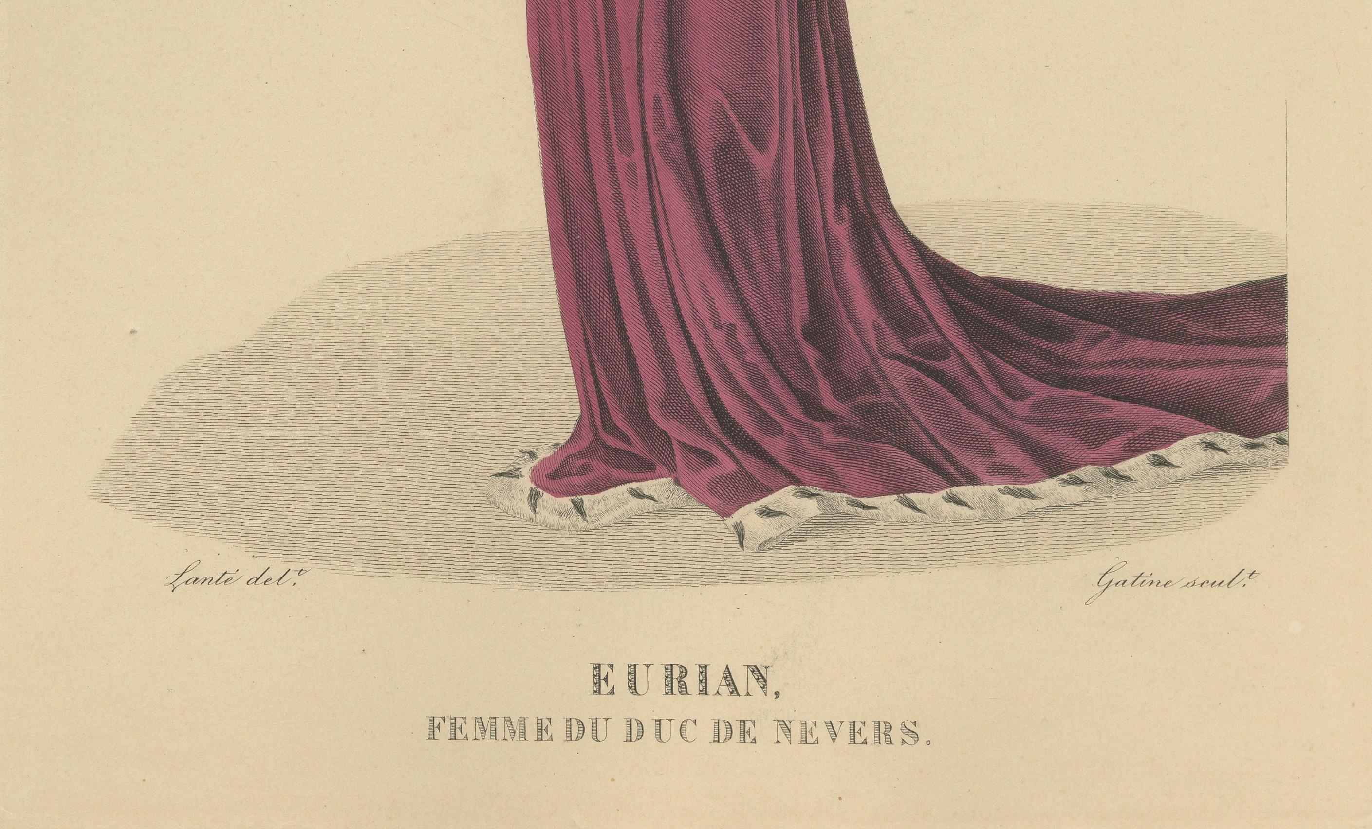 Handkoloriertes Porträt von Eurian, Gemahlin des Herzogs von Nevers, um 1900 (nach 1827)

Handkolorierter Kupferstich von Eurian, der Gemahlin des Herzogs von Nevers, herausgegeben um 1900 nach der Originalplatte von 1827 aus der Serie Galerie