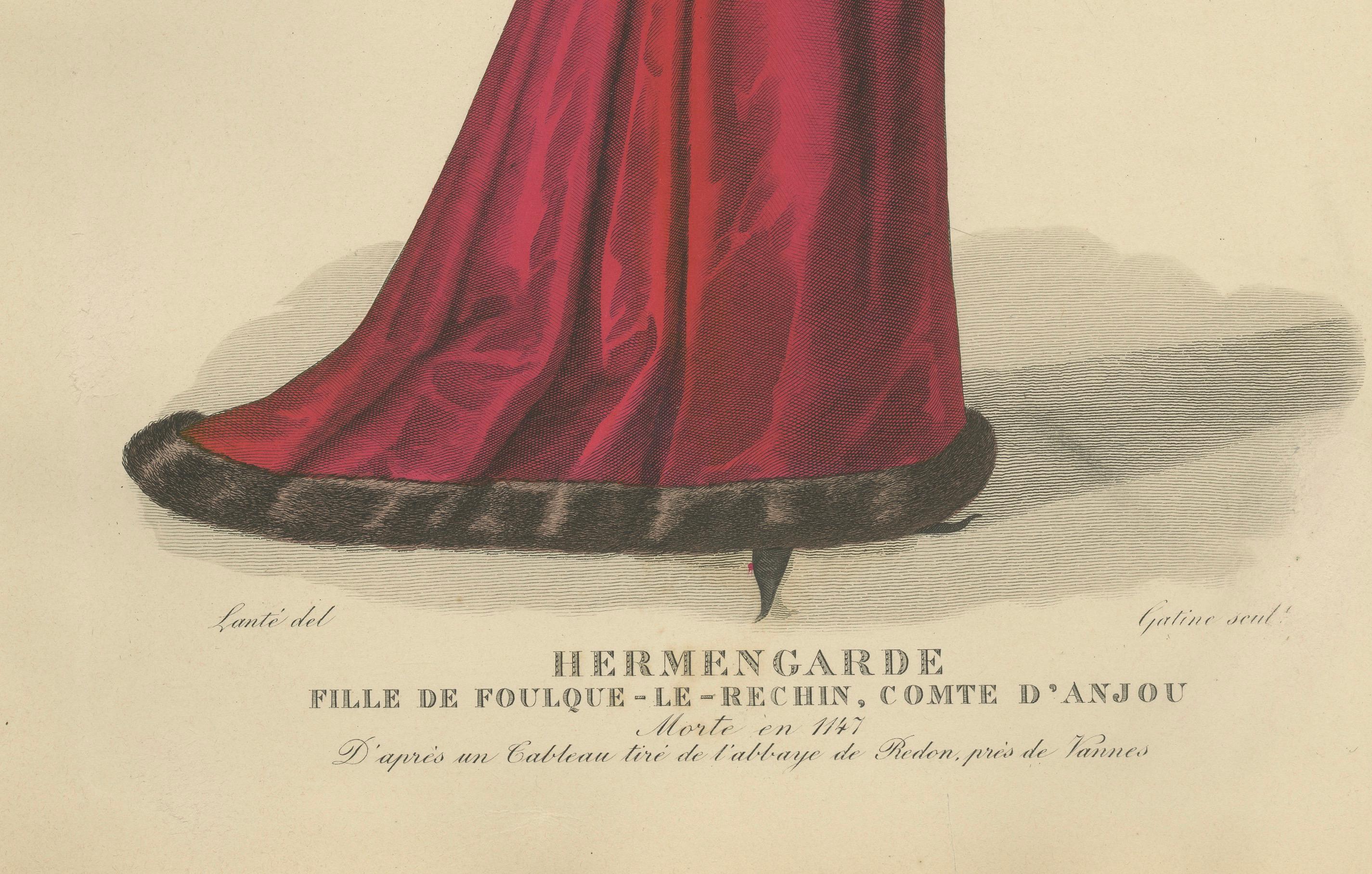 Handkoloriertes Portr�ät von Hermengarde, Tochter von Foulques le Rechin, um 1900 (nach 1827)

Fein handkolorierter Stich von Hermengarde (gestorben 1173), Tochter von Foulques le Rechin, Graf von Anjou. Dieses Porträt wurde um 1900 nach dem