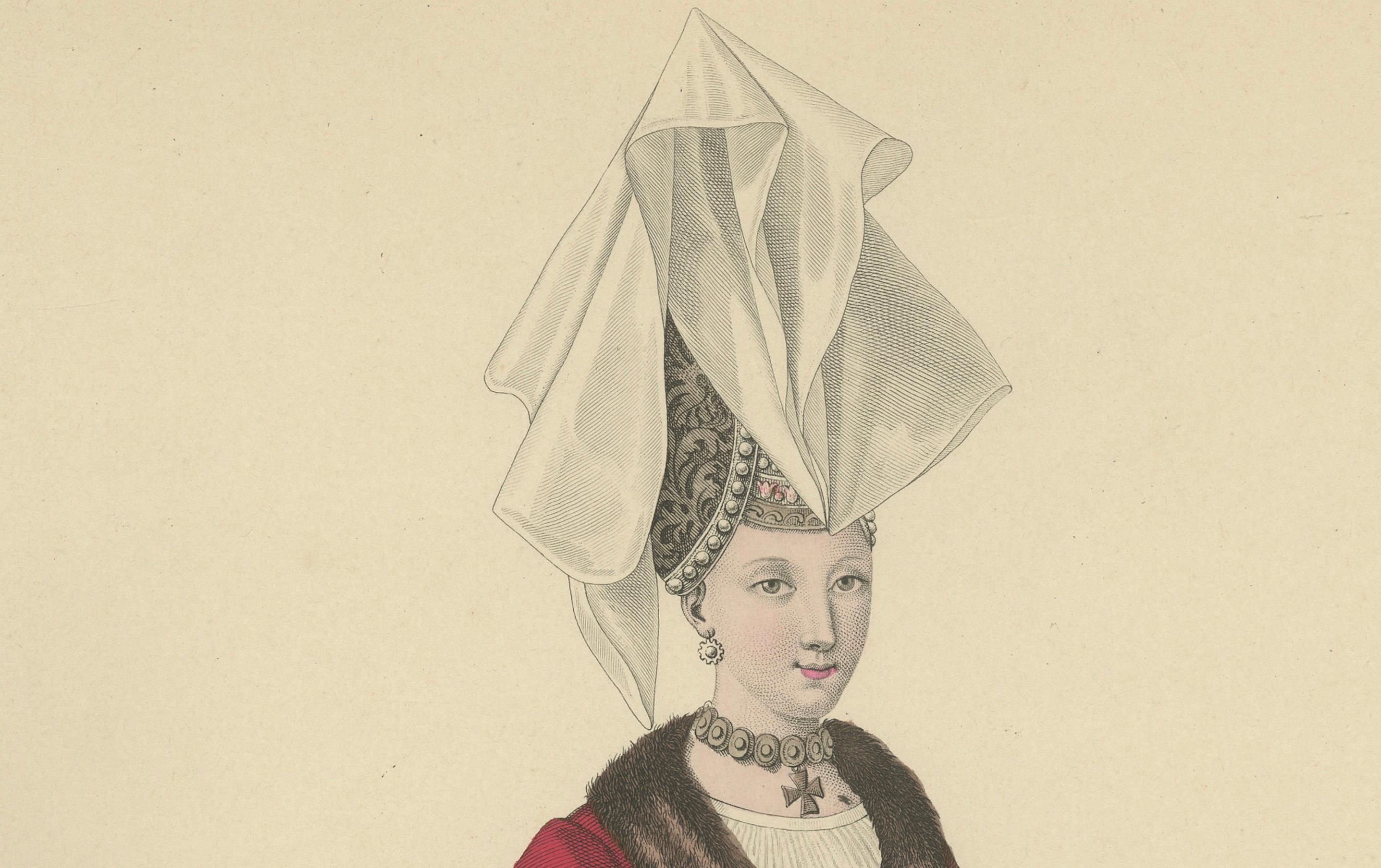 Handkoloriertes Porträt von Hermengarde, Tochter von Foulques le Rechin, um 1900 (Graviert) im Angebot