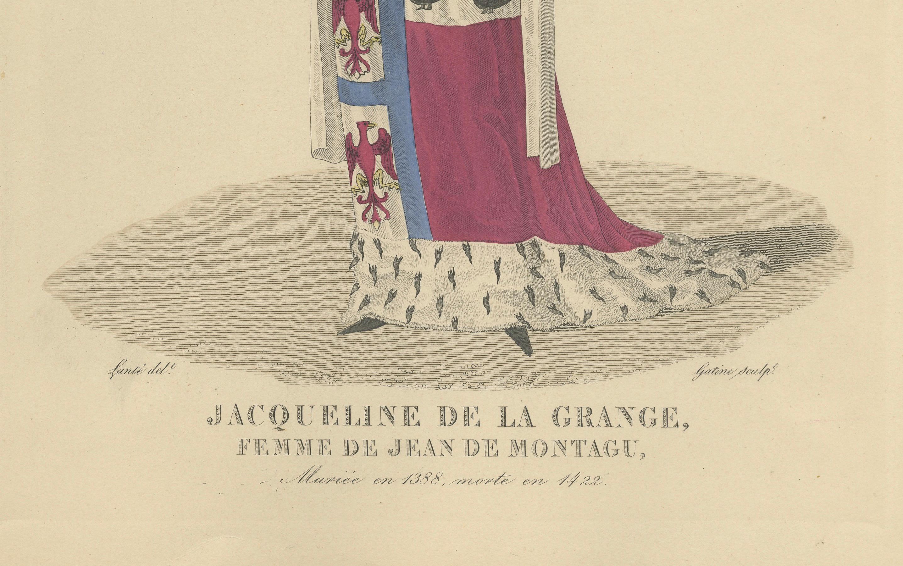 Handkoloriertes Porträt von Jacqueline de la Grange, Frankreich, ca. 1900 (nach 1827)

Handkolorierter Kupferstich von Jacqueline de la Grange (gest. 1422), Ehefrau von Jean de Montagu, Großmeister von Frankreich unter Karl VI. Sie ist in