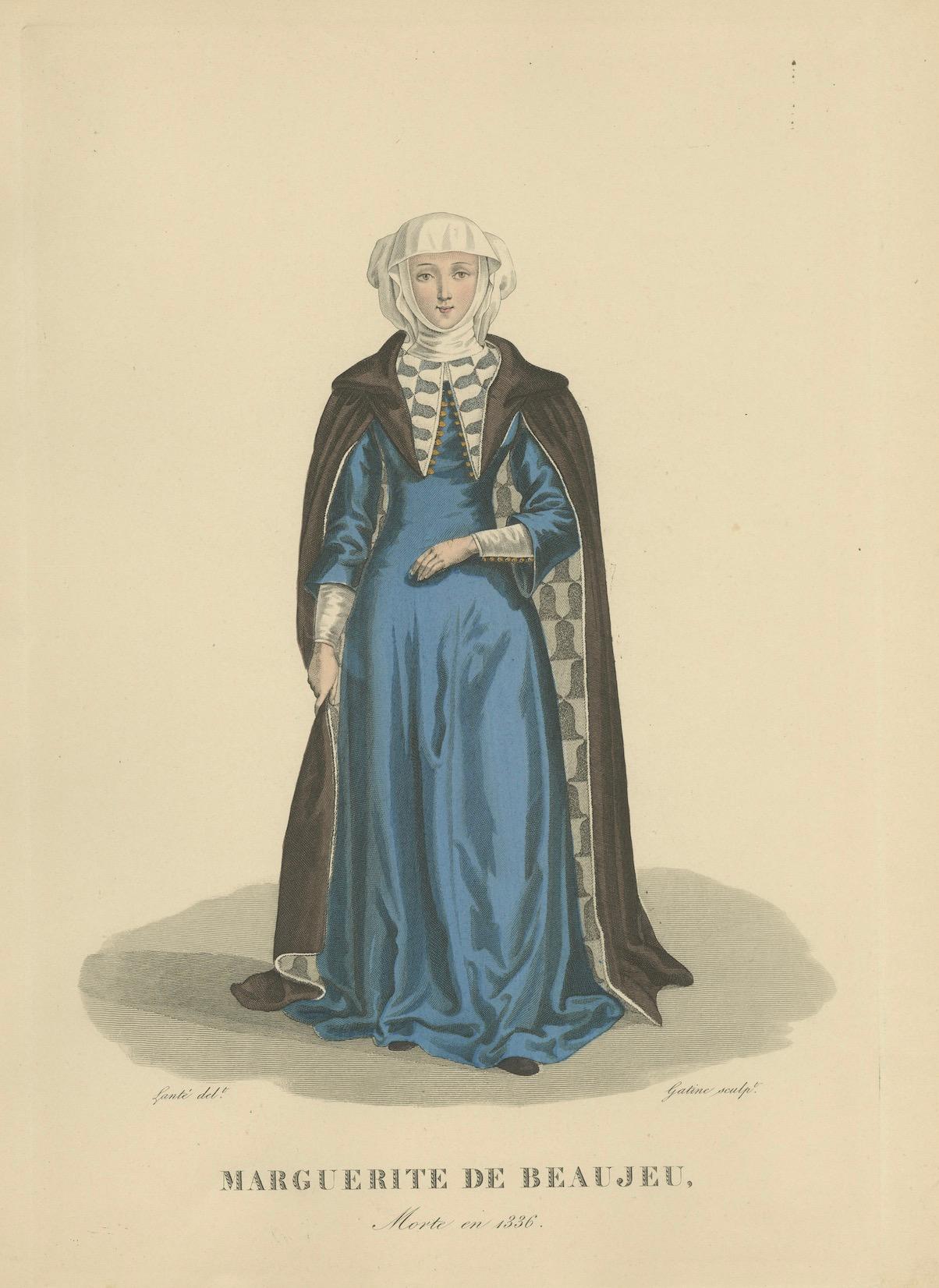 Handkoloriertes Porträt von Marguerite de Beaujeu - Antiker Druck, ca.1900 im Zustand „Gut“ im Angebot in Langweer, NL