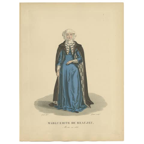 Hand-Colored Portrait of Marguerite de Beaujeu – Antique Print, ca.1900