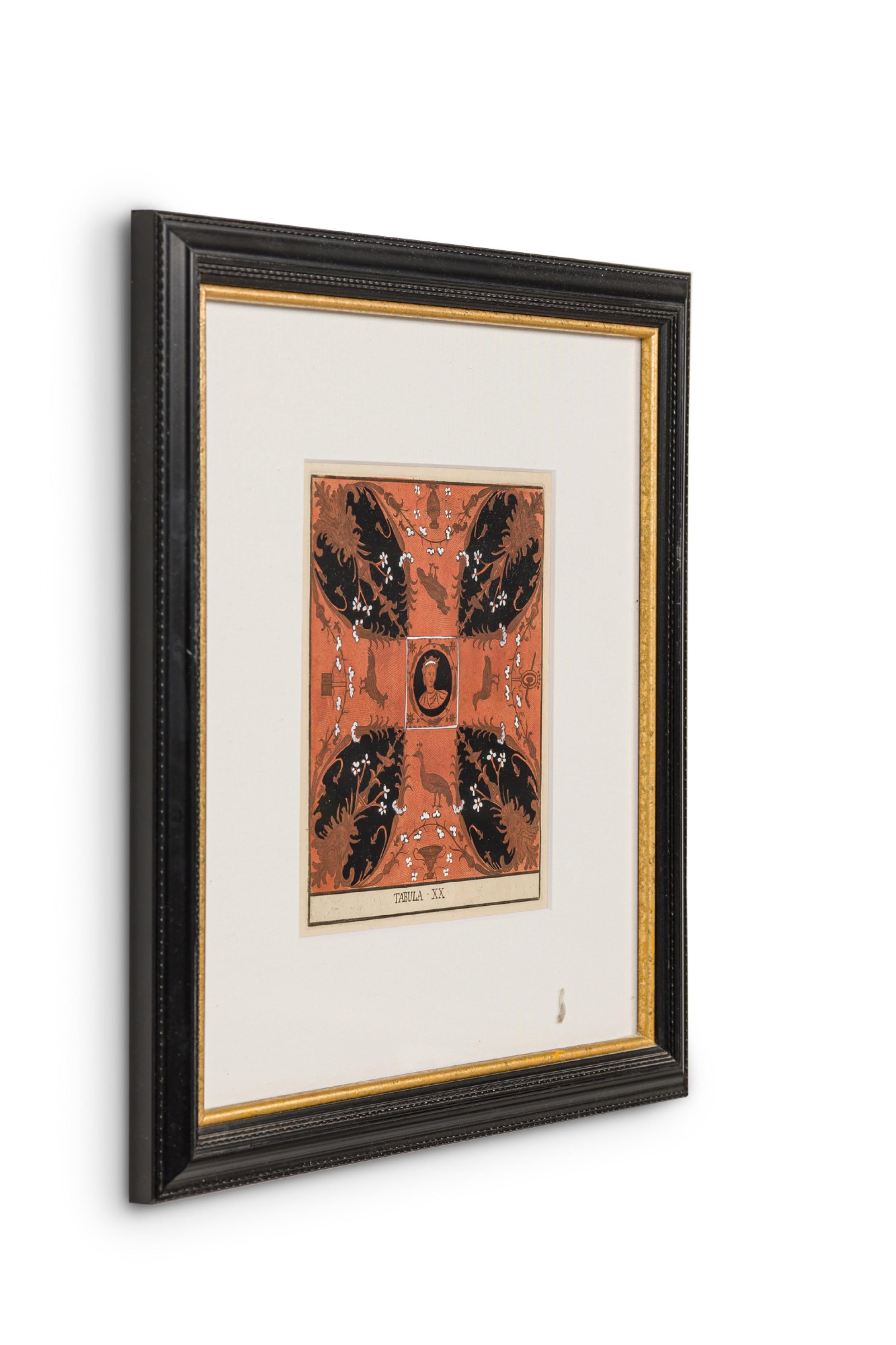 Italian Neo-Classic Style (19th Century) Rust and Black Hand Colored Print 4 corner design in square black and gold trim frame
(TABULA XX) (similar to REG5189B)