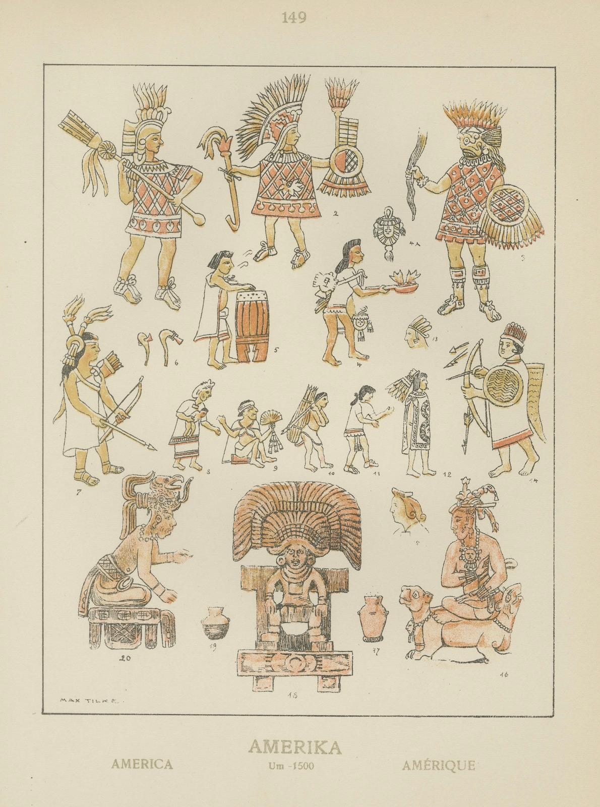 Hand-Colored Print of Ancient American Figures, Pre-1500 Indigenous Art, ca.1880