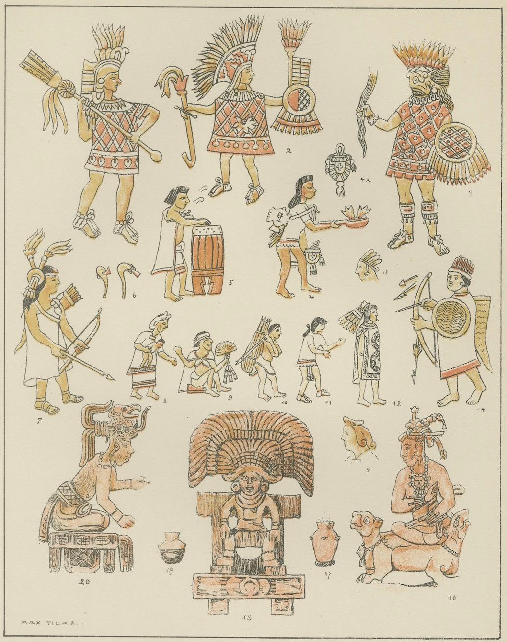 Hand-Colored Print of Ancient American Figures, Pre-1500 Indigenous Art, ca.1880