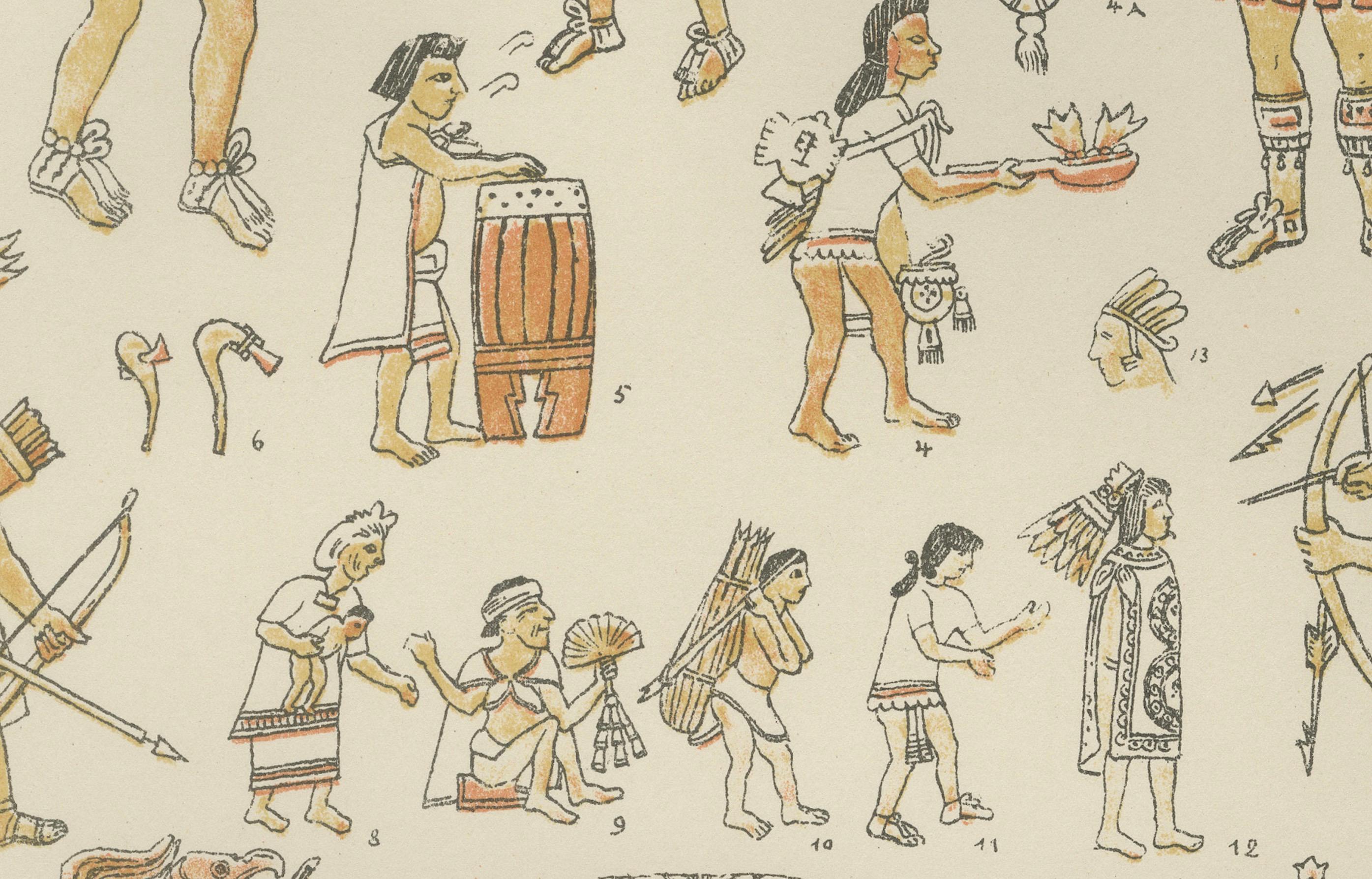 Hand-Colored Print of Ancient American Figures, Pre-1500 Indigenous Art, ca.1880