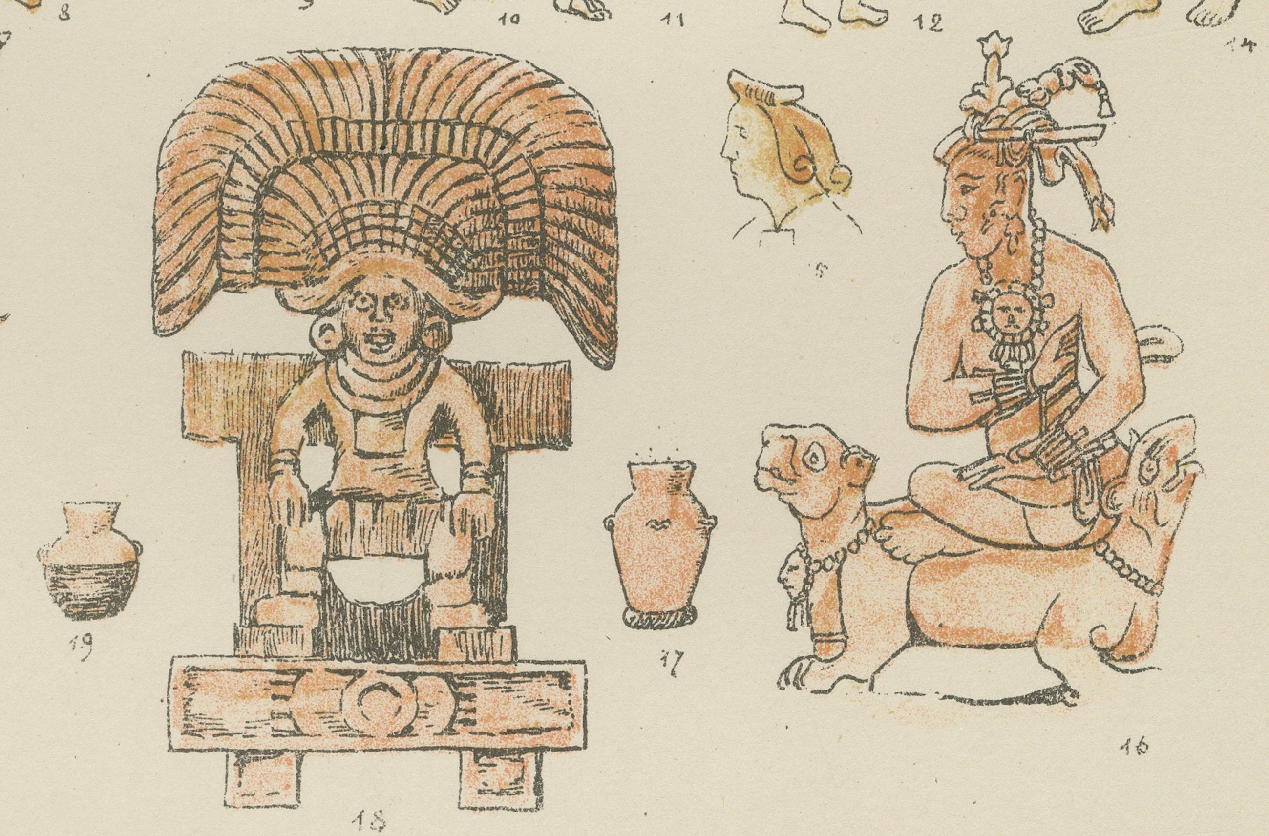 Hand-Colored Print of Ancient American Figures, Pre-1500 Indigenous Art, ca.1880
