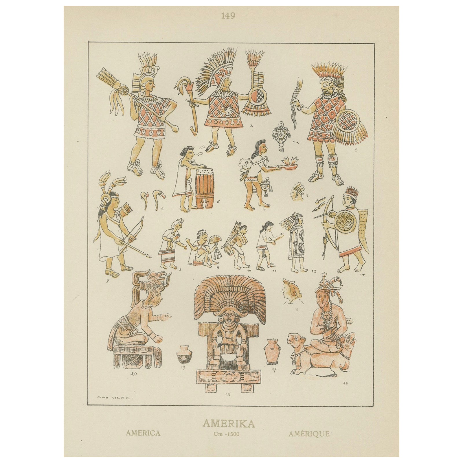 Gravure coloriée à la main de figures américaines anciennes, art indigène antérieur à 1500, vers 1880