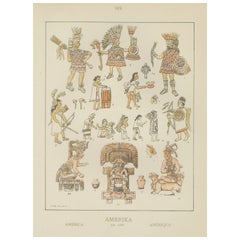 Antique Hand-Colored Print of Ancient American Figures, Pre-1500 Indigenous Art, ca.1880