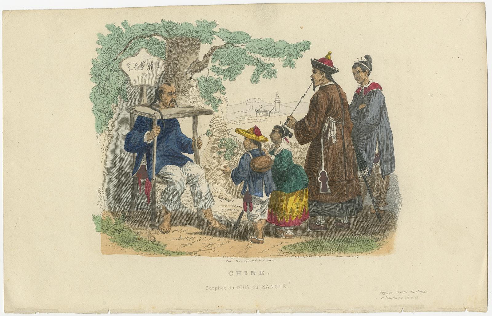 Antique print titled 'Chine - Supplice du Tcha ou Kangue'. 

View of corporal punishment with a cangue (or tcha). The cangue is a device that was used for public humiliation and corporal punishment in East Asia and some other parts of Southeast
