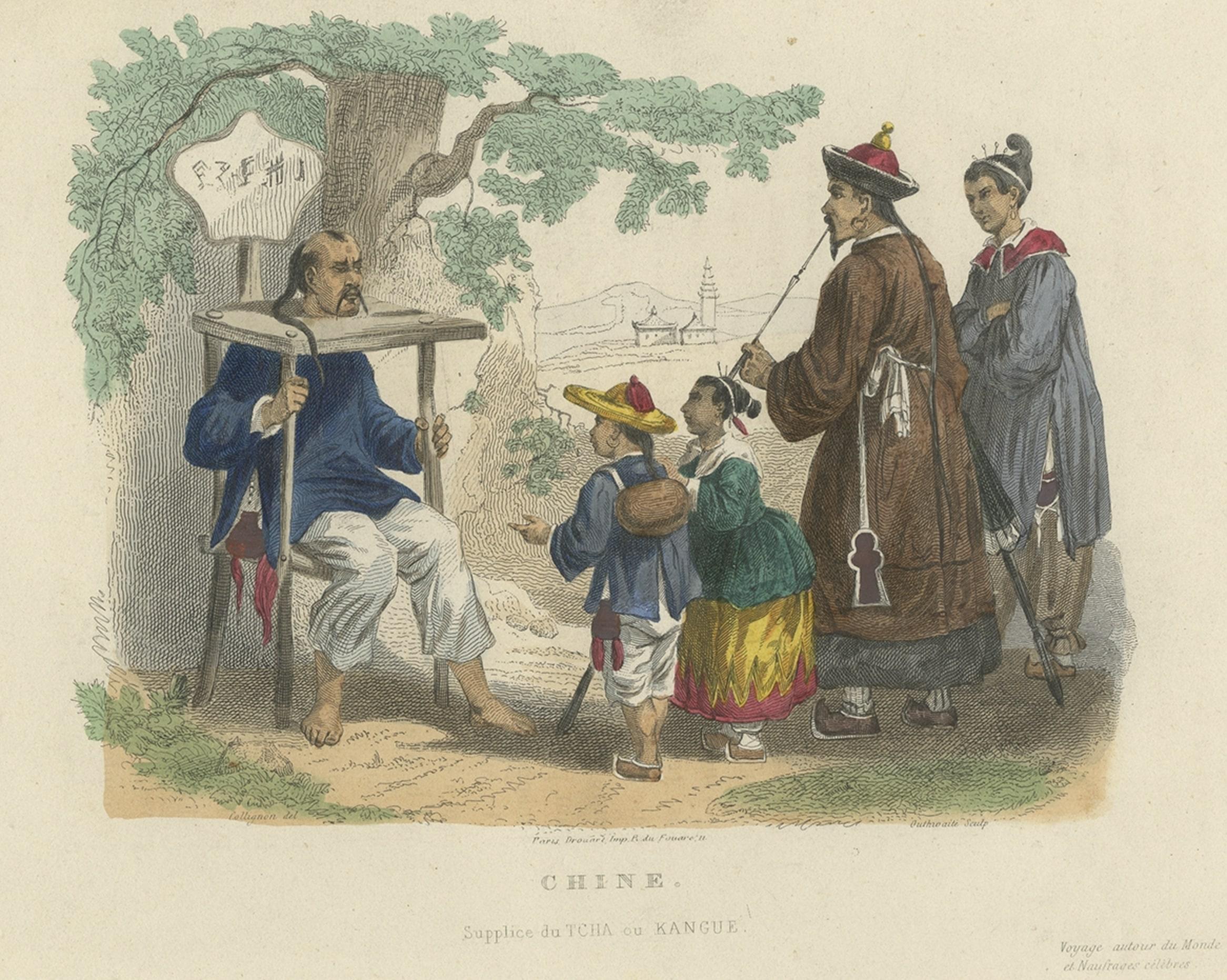 Impression colorée à la main d'un exemplaire de punition coloniale avec une cangue (ou Tcha), Chine, 1844 Bon état - En vente à Langweer, NL