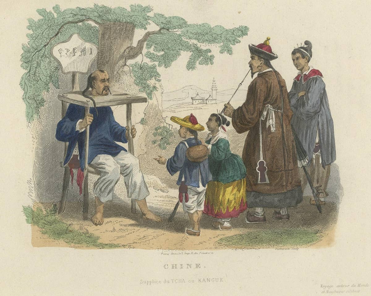 Hand-Colored Print of Corporal Punishment with a Cangue (or Tcha), China, 1844