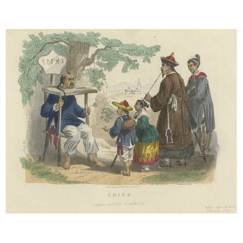 Hand-Colored Print of Corporal Punishment with a Cangue (or Tcha), China, 1844