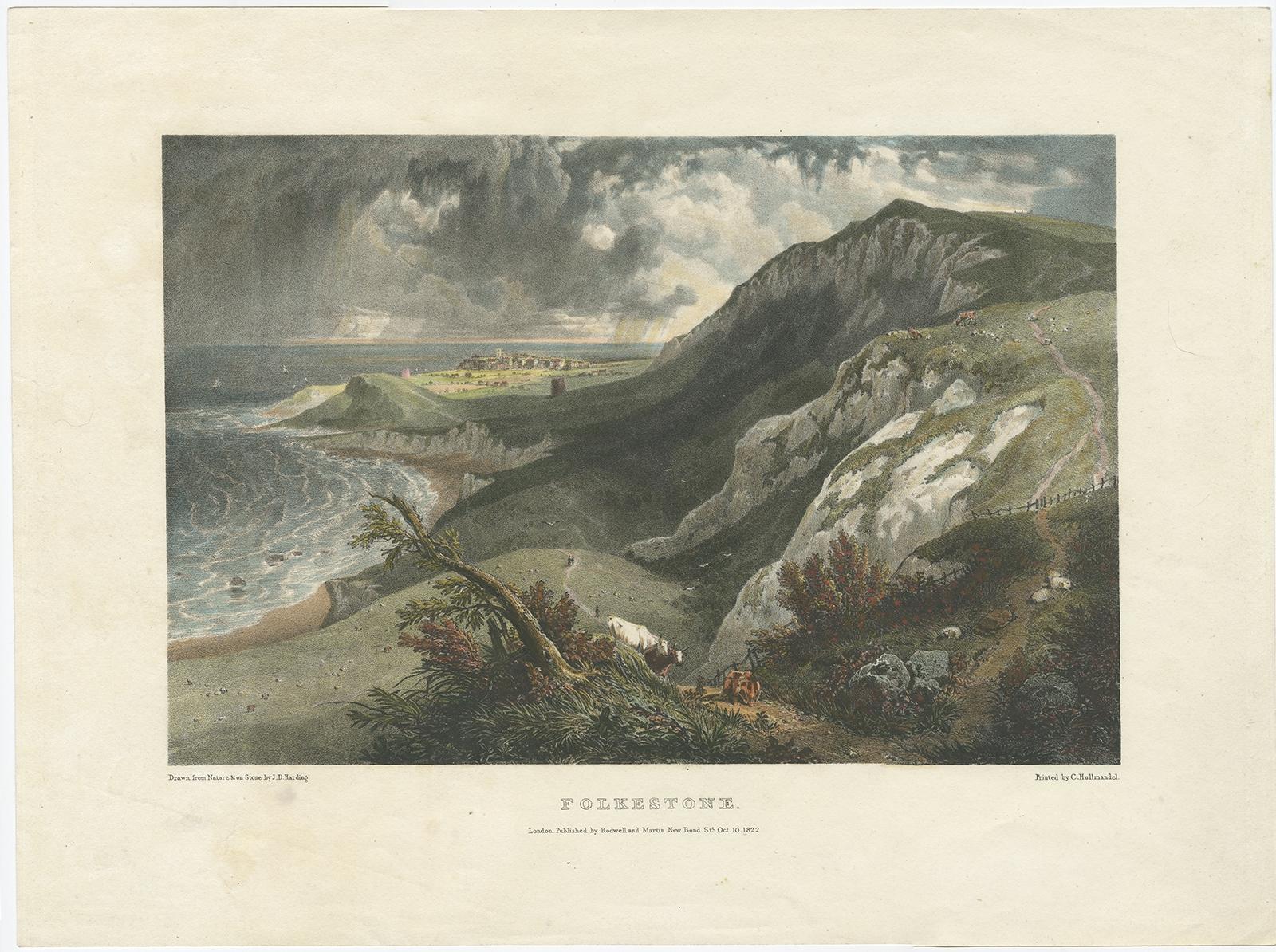 Antique print titled 'Folkestone'. 

This print depicts the town of Folkestone (United Kingdom) as seen from the East, the viewpoint high on the cliffs above the Warren, with cattle and sheep grazing on the grassy chalk above Wear Bay. Beyond are