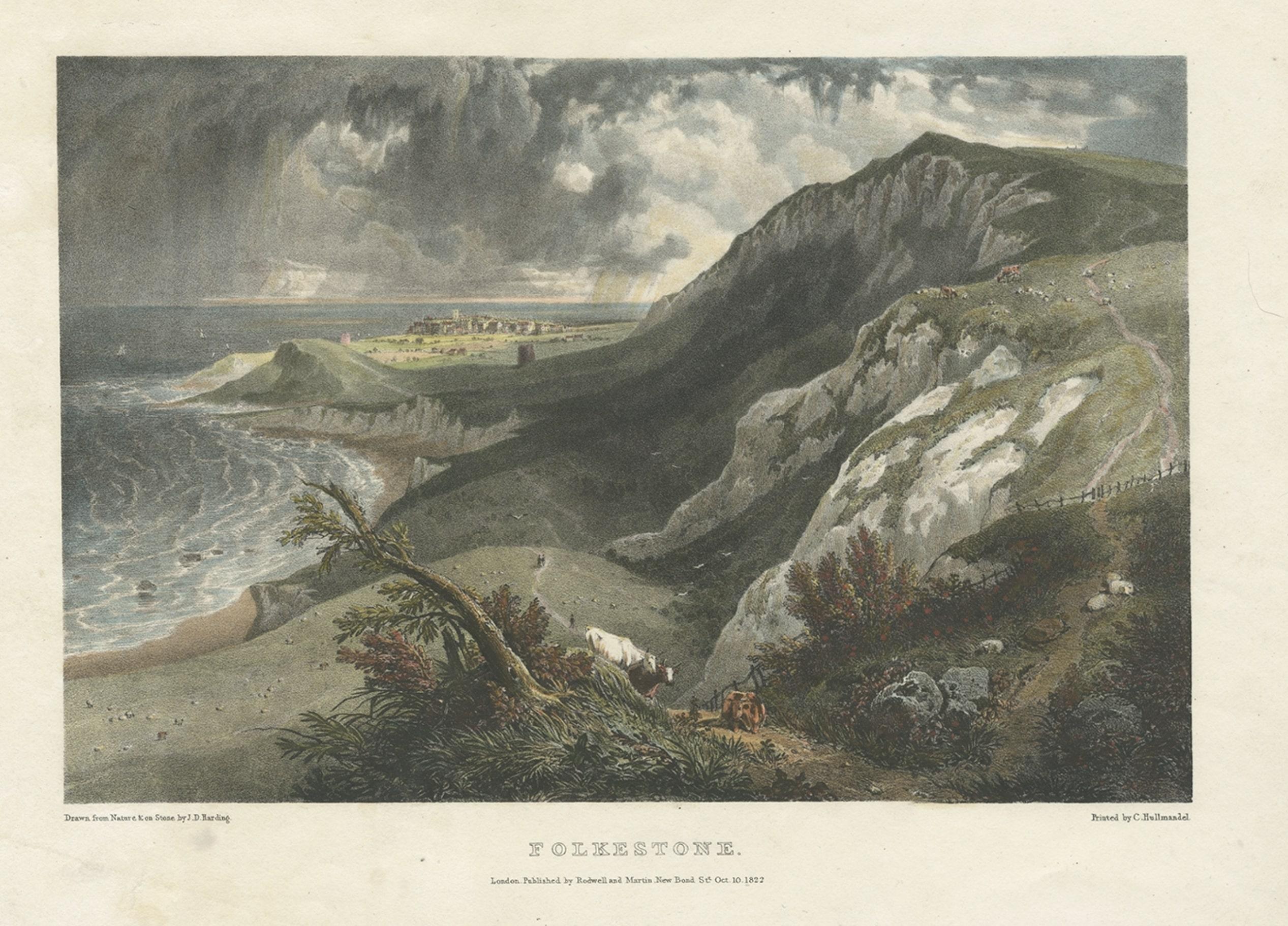 Hand-Colored Print of Folkestone 'United Kingdom' as Seen from the East, 1822 In Good Condition For Sale In Langweer, NL