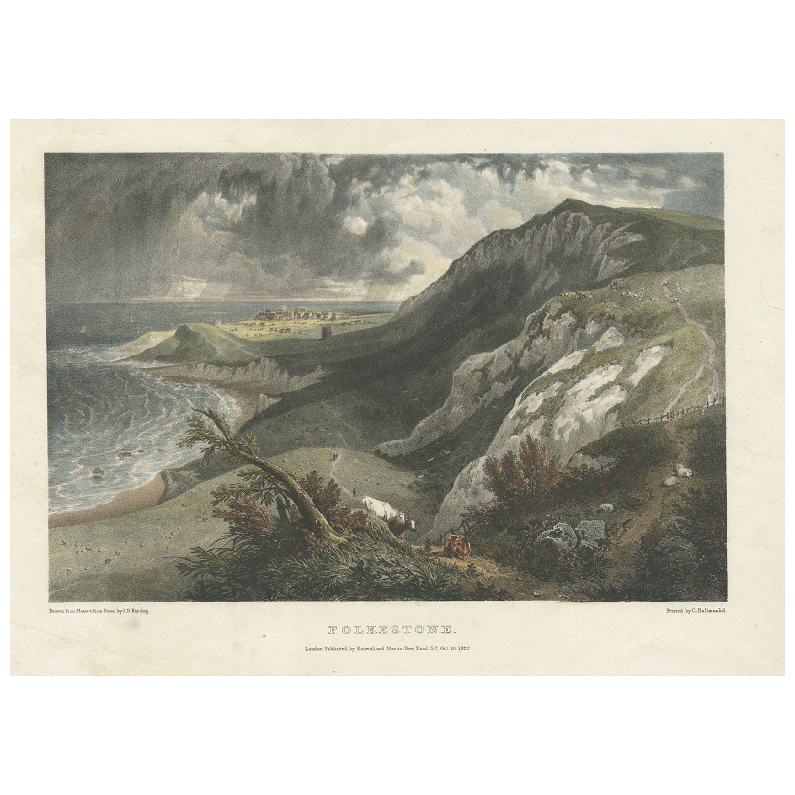 Handkolorierter Druck des Folkestone-Unternehmens „ Vereinigtes Königreich“, gesehen aus dem Osten, 1822 im Angebot