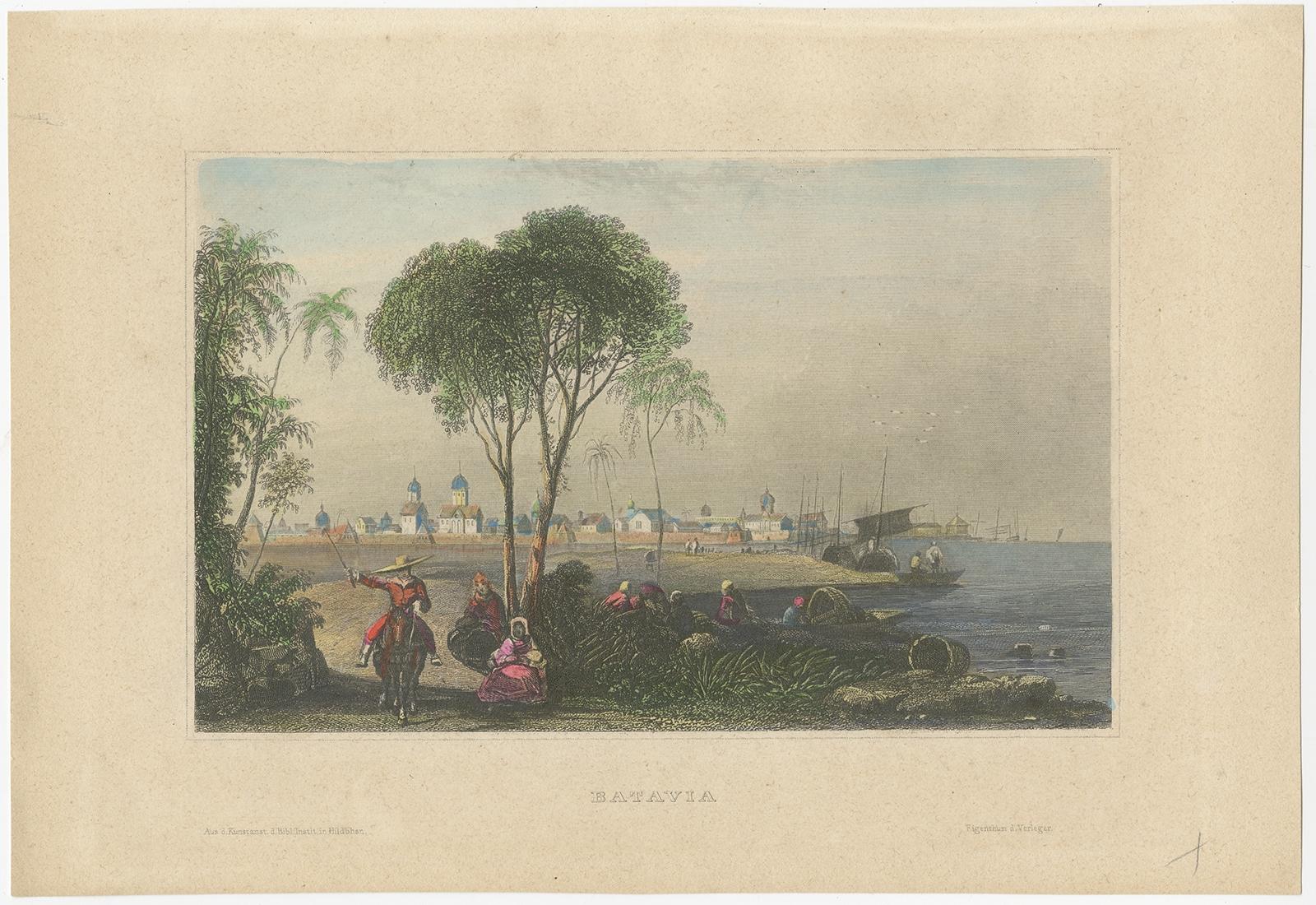 Antique print titled 'Batavia'. 

Steel engraving of Batavia (Jakarta), Indonesia. Originates from 'Meyers Universum'. 

Artists and Engravers: Joseph Meyer (May 9, 1796 - June 27, 1856) was a German industrialist and publisher, most noted for
