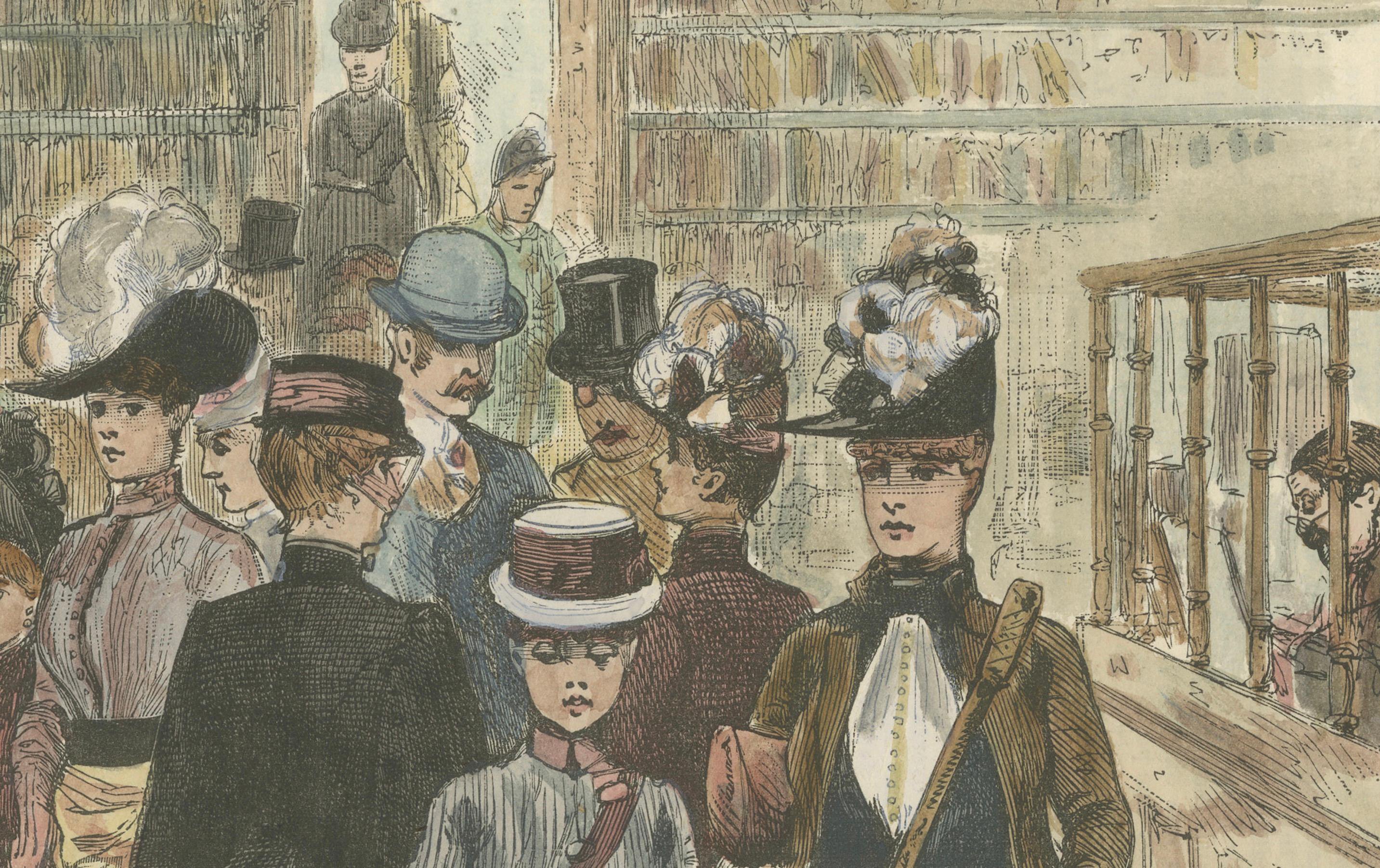 Titel: Handkolorierter viktorianischer Holzschnitt der Samuel-Mullens-Bibliothek in Melbourne, 1889  

Beschreibung:  Dieser handkolorierte Holzschnitt, der am 19. Januar 1889 in der *Illustrated London News* veröffentlicht wurde, bietet einen