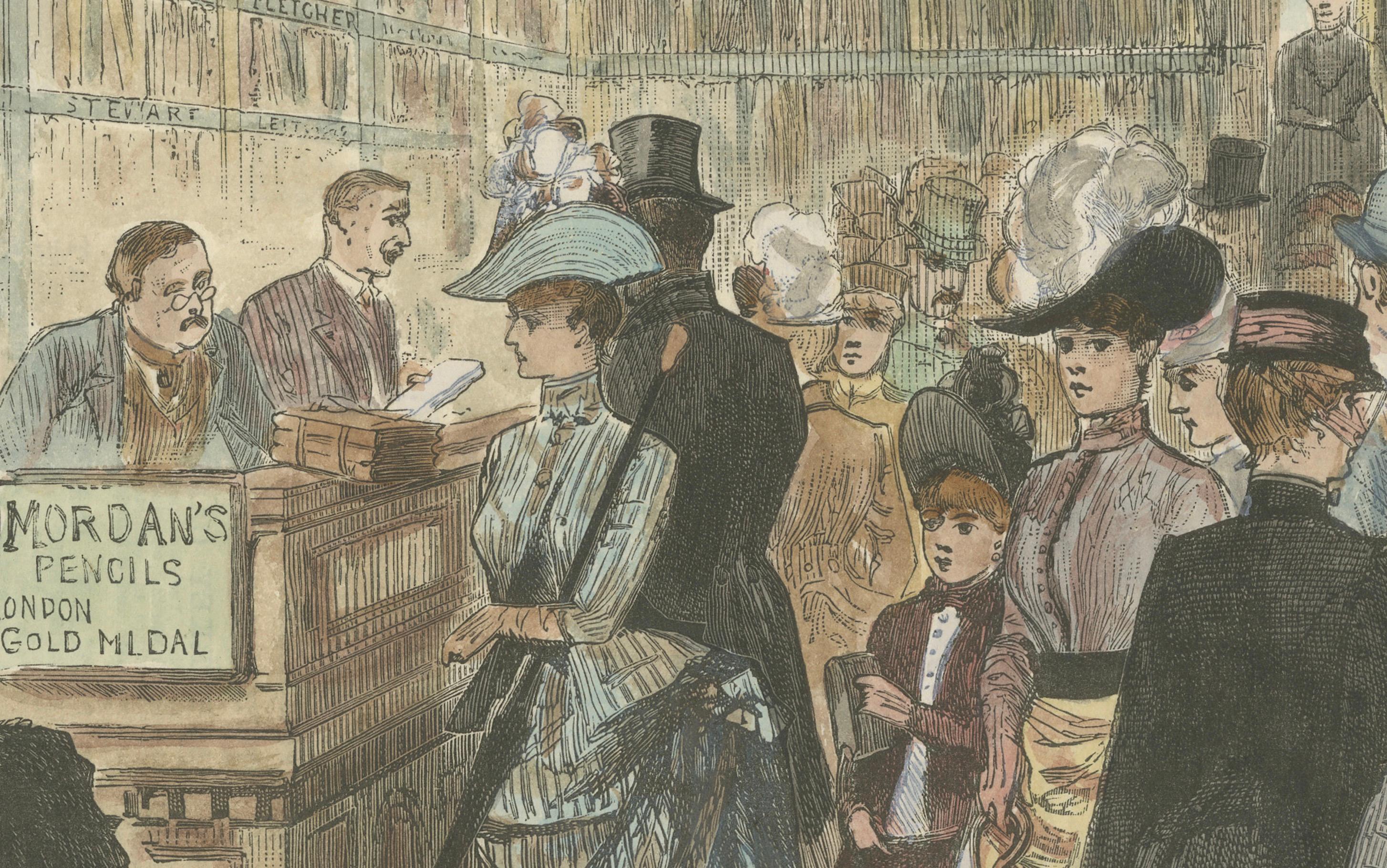 Handkolorierter viktorianischer Holzschnitt der Samuel-Mullens-Bibliothek in Melbourne, 1889 (Graviert) im Angebot