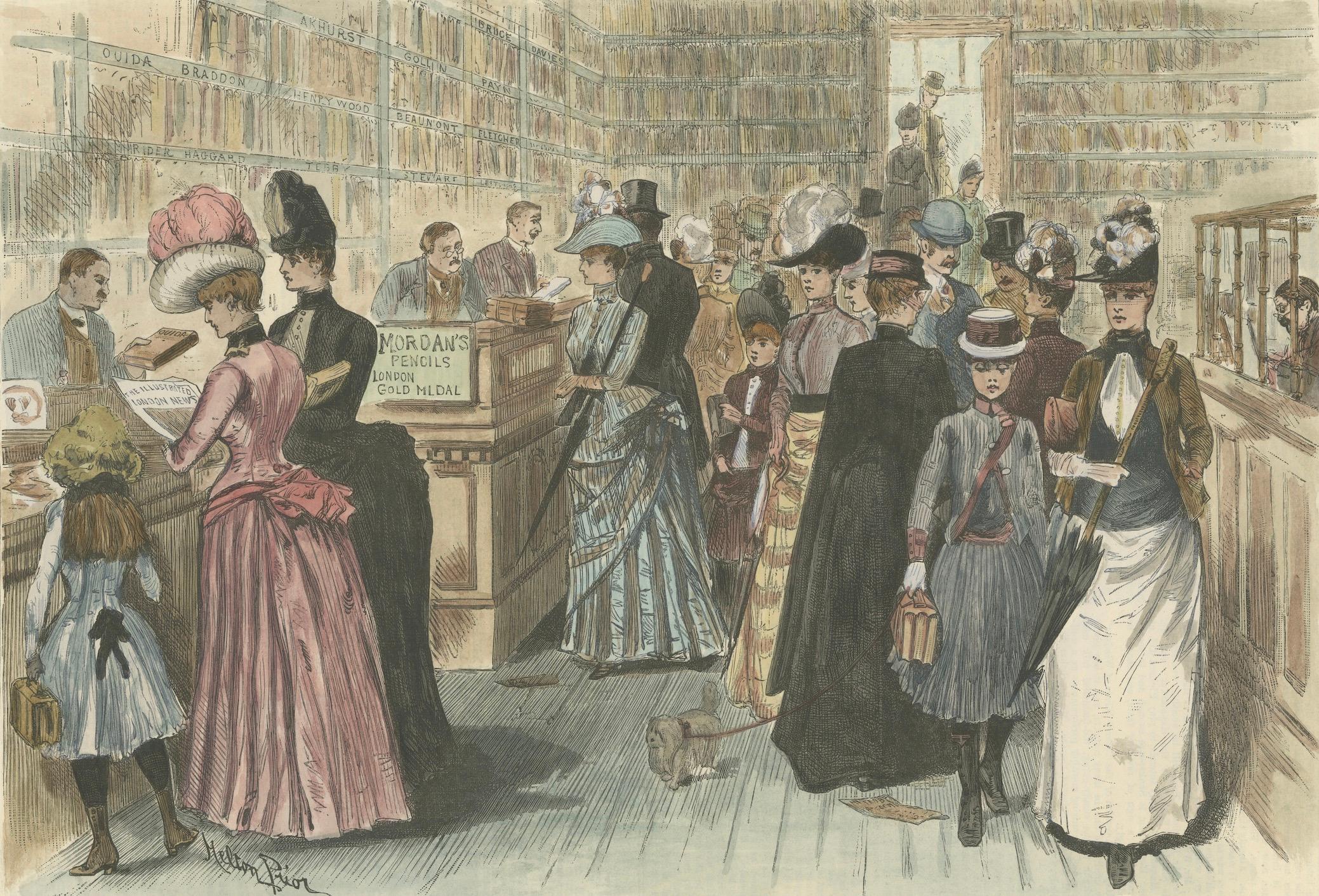 Handkolorierter viktorianischer Holzschnitt der Samuel-Mullens-Bibliothek in Melbourne, 1889 im Zustand „Gut“ im Angebot in Langweer, NL