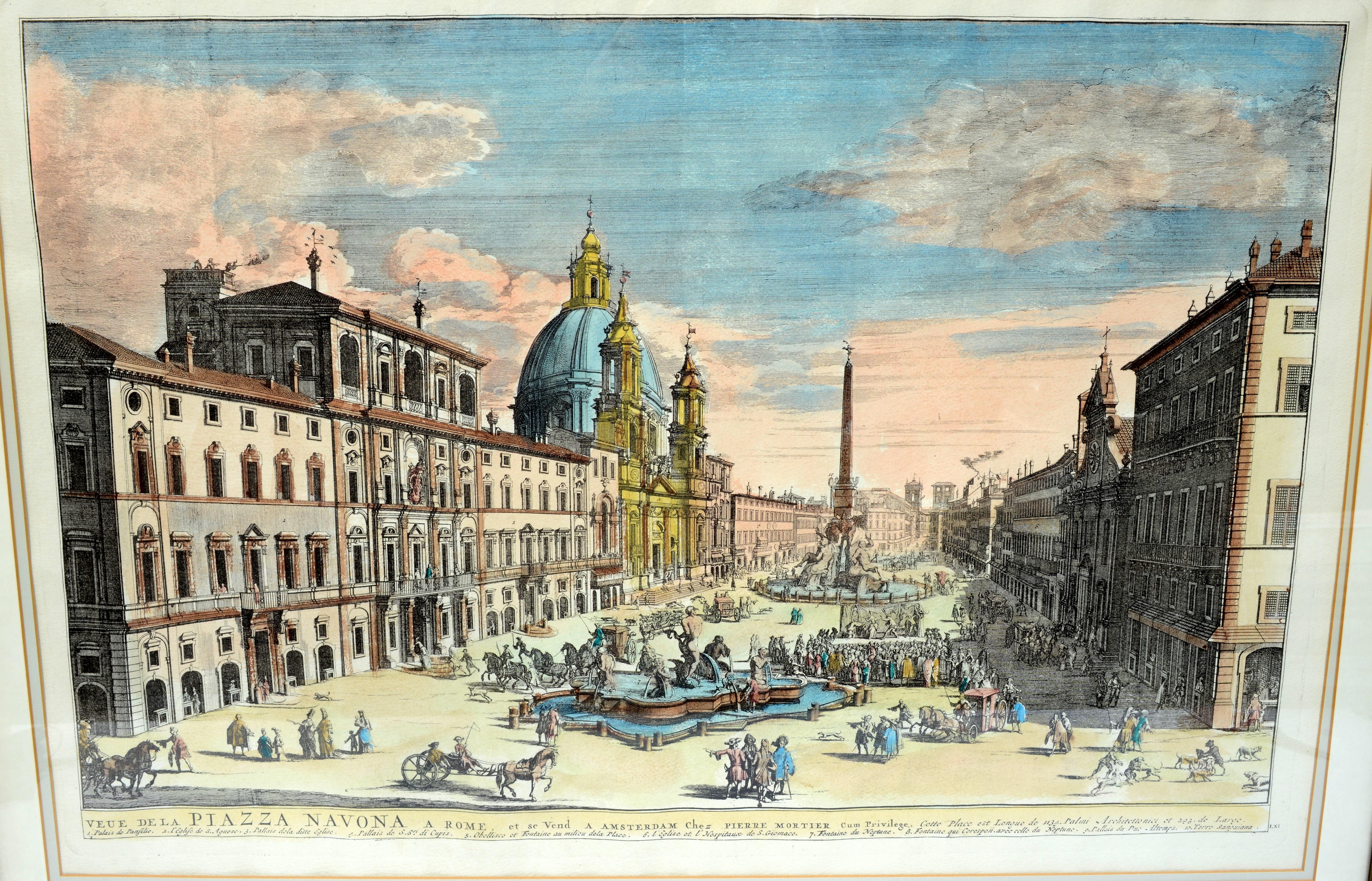 Hand Colored View of the Piazza Navona in Rome, with the Church of St Agnese at the Left and Bernini's Fountain in the Middle. By Gomar Wouters, (also called Gommarus Wouters) Flemish, Antwerp 1649-1696. Print is by Pieter Mortier, Netherlands. This
