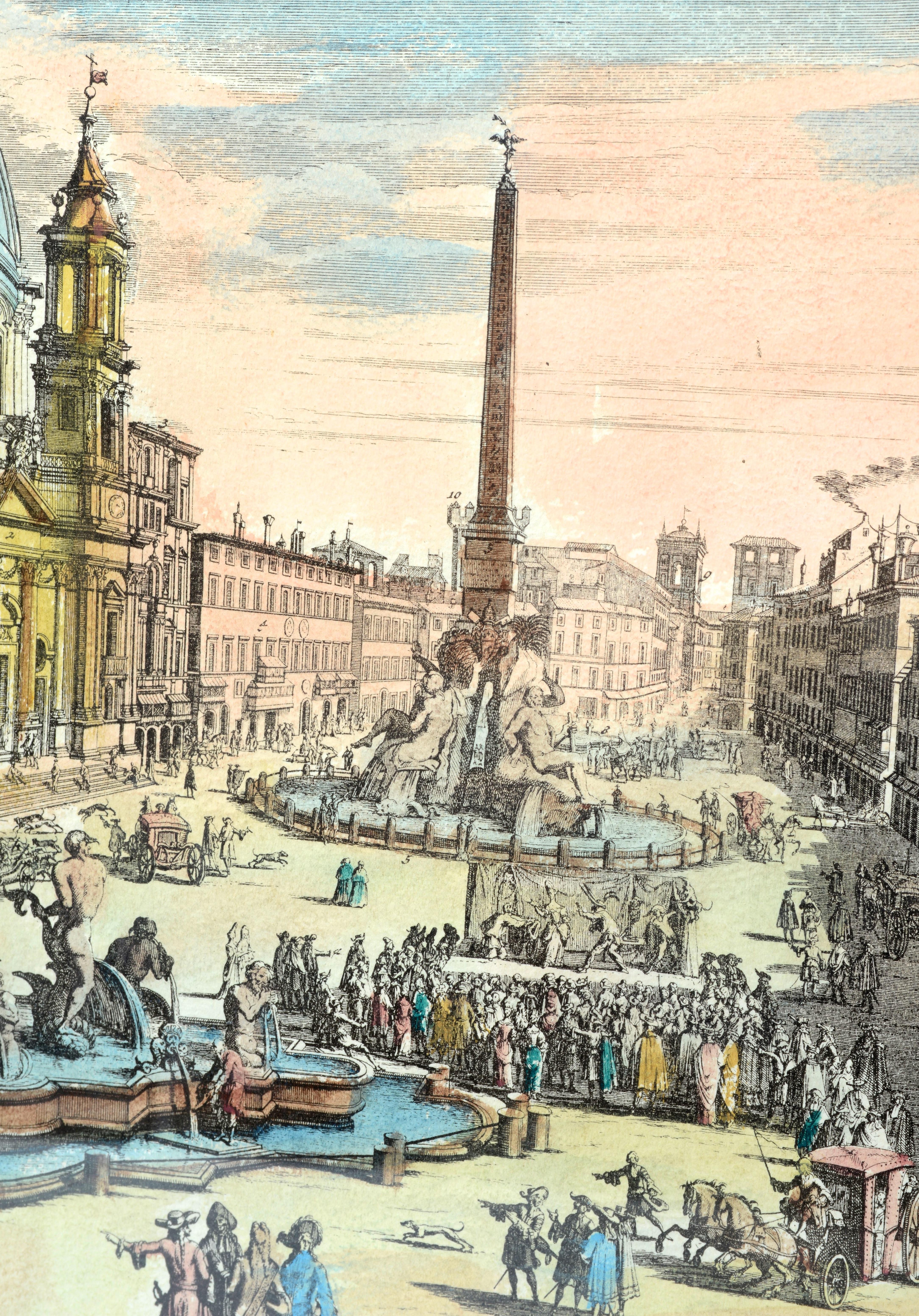 Hand Colored View of the Piazza Navona by Gomar Wouters, Antwerp 1649, c1724 In Excellent Condition For Sale In valatie, NY