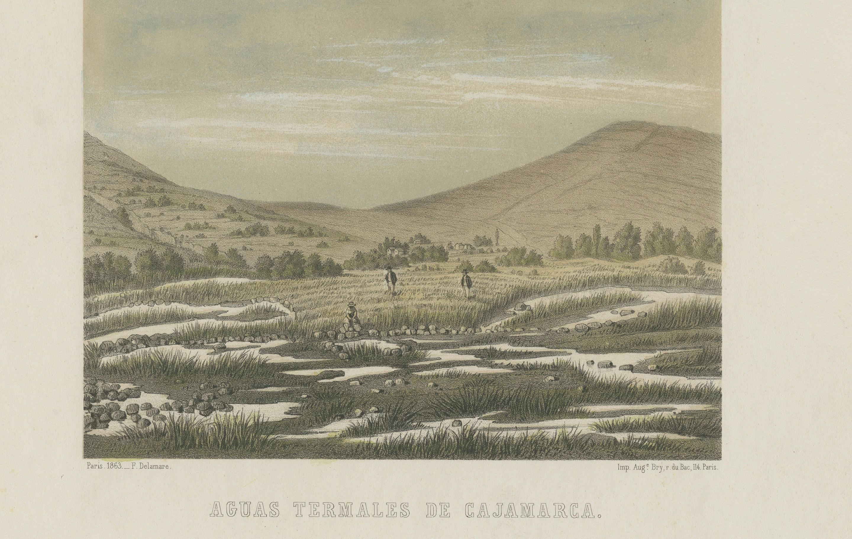 Handkolorierte Ansichten von Cajamarca - Santa Catalina Church & Thermalquellen, 1865 im Zustand „Gut“ im Angebot in Langweer, NL
