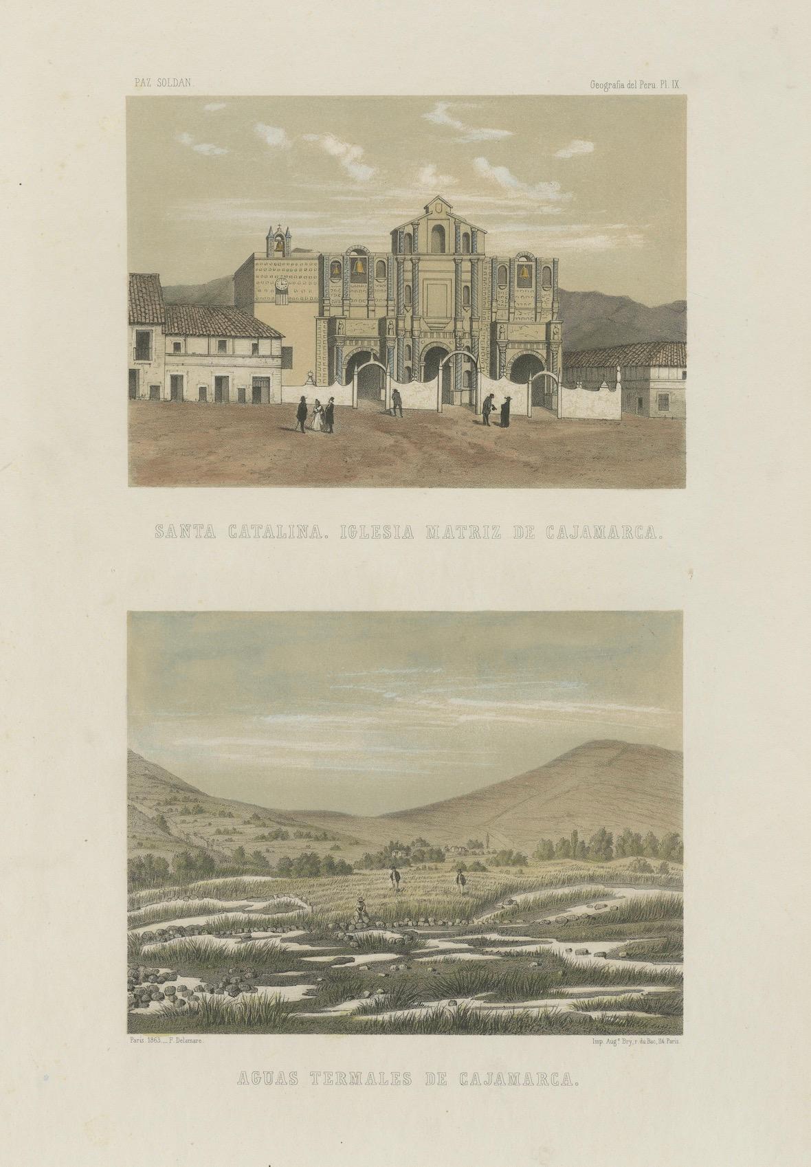 Handkolorierte Ansichten von Cajamarca - Santa Catalina Church & Thermalquellen, 1865 (Papier) im Angebot