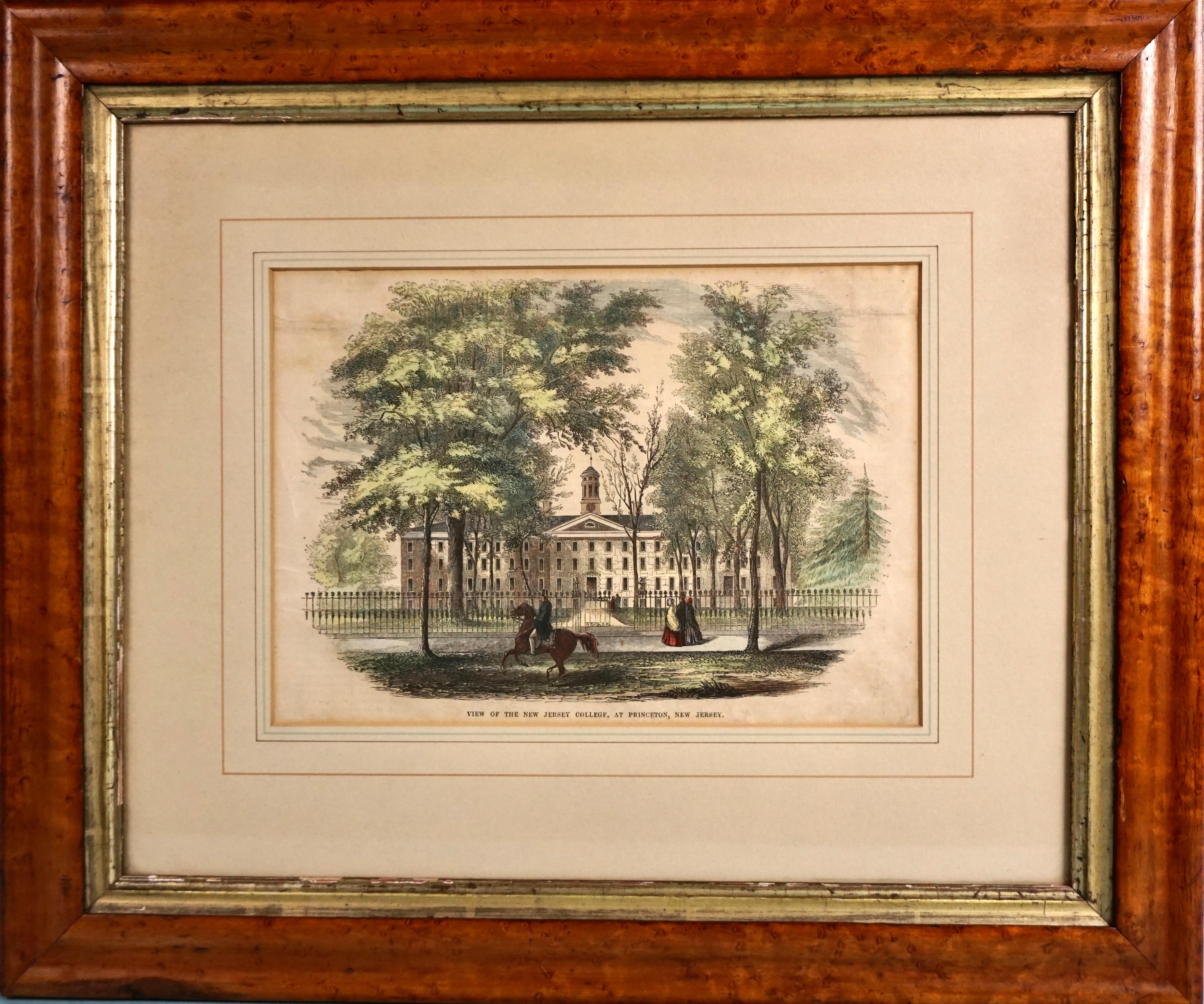 American Hand Colored Wood Engraving of Princeton University in Period Maple Frame For Sale