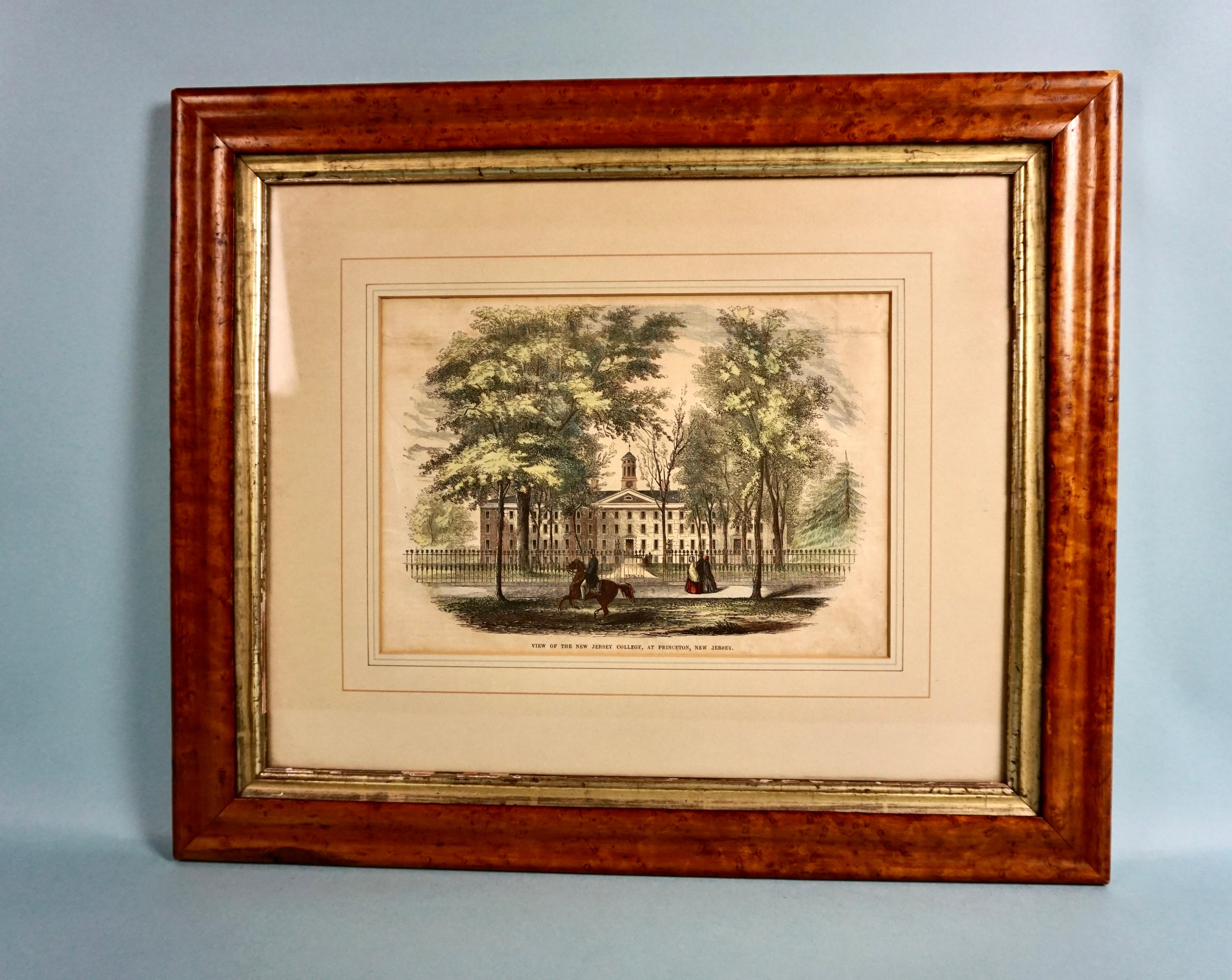 Hand Colored Wood Engraving of Princeton University in Period Maple Frame In Good Condition For Sale In San Francisco, CA