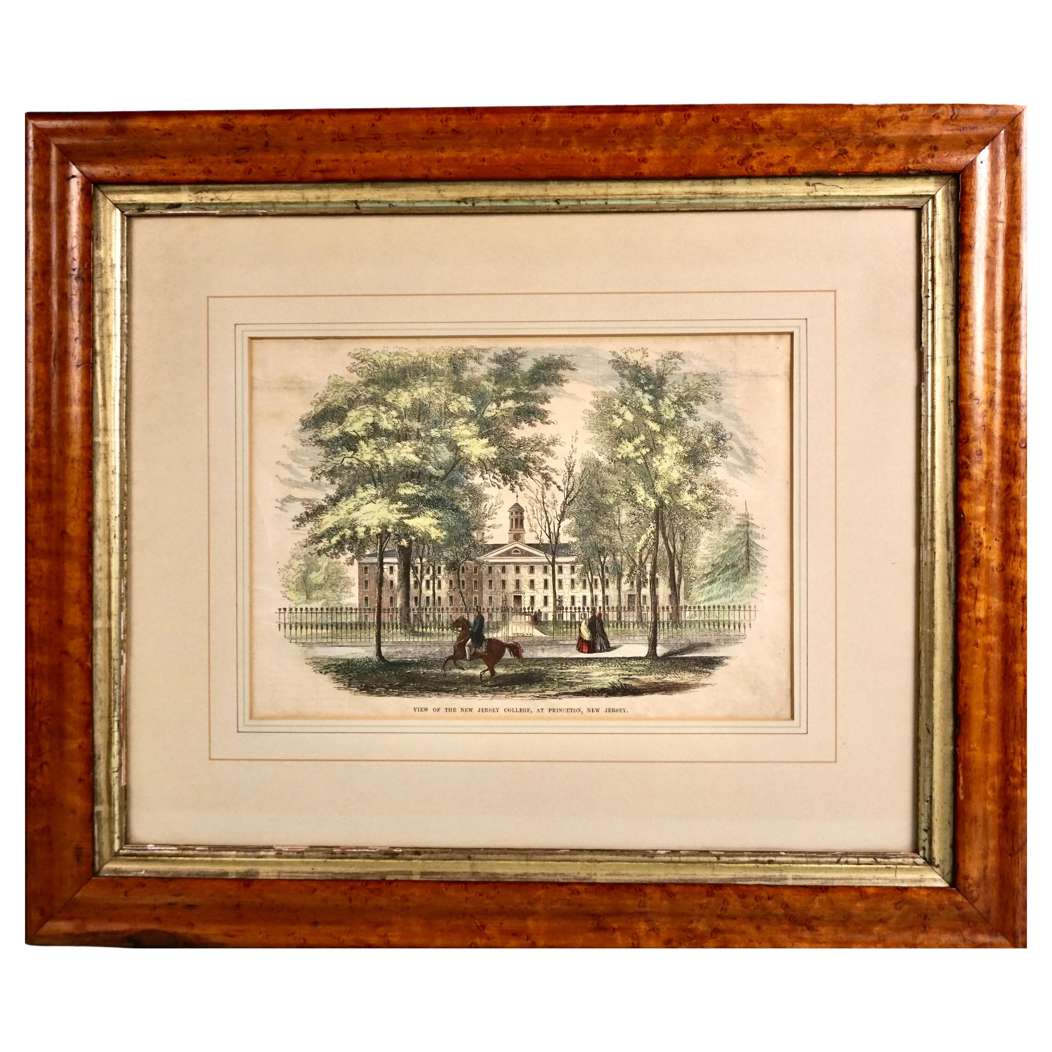 Hand Colored Wood Engraving of Princeton University in Period Maple Frame For Sale