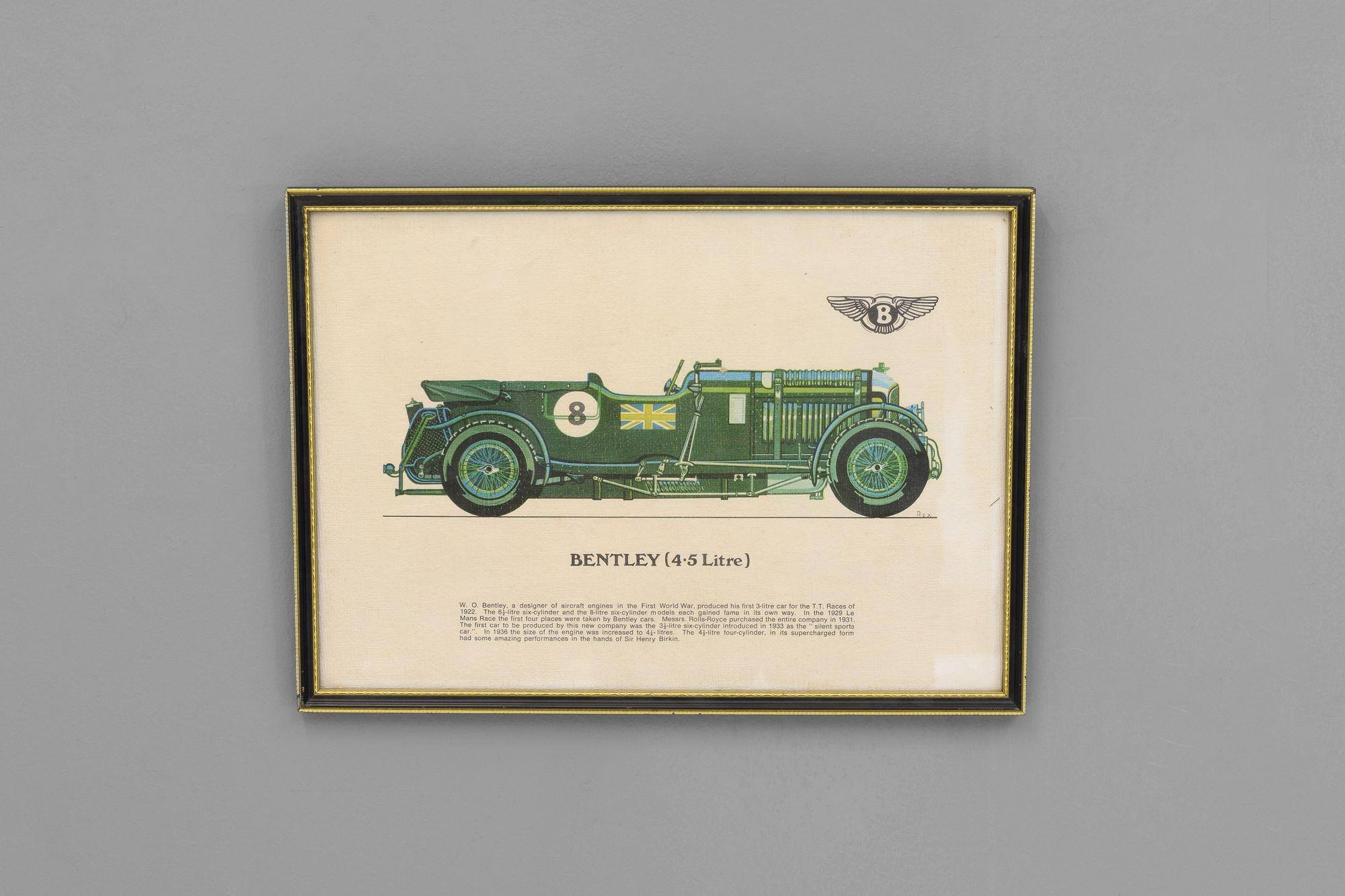 Hand coloured early 20th century Bentley poster, signed Rex.
U.K circa 1930.
H 27cm x W 38cm x D 2cm