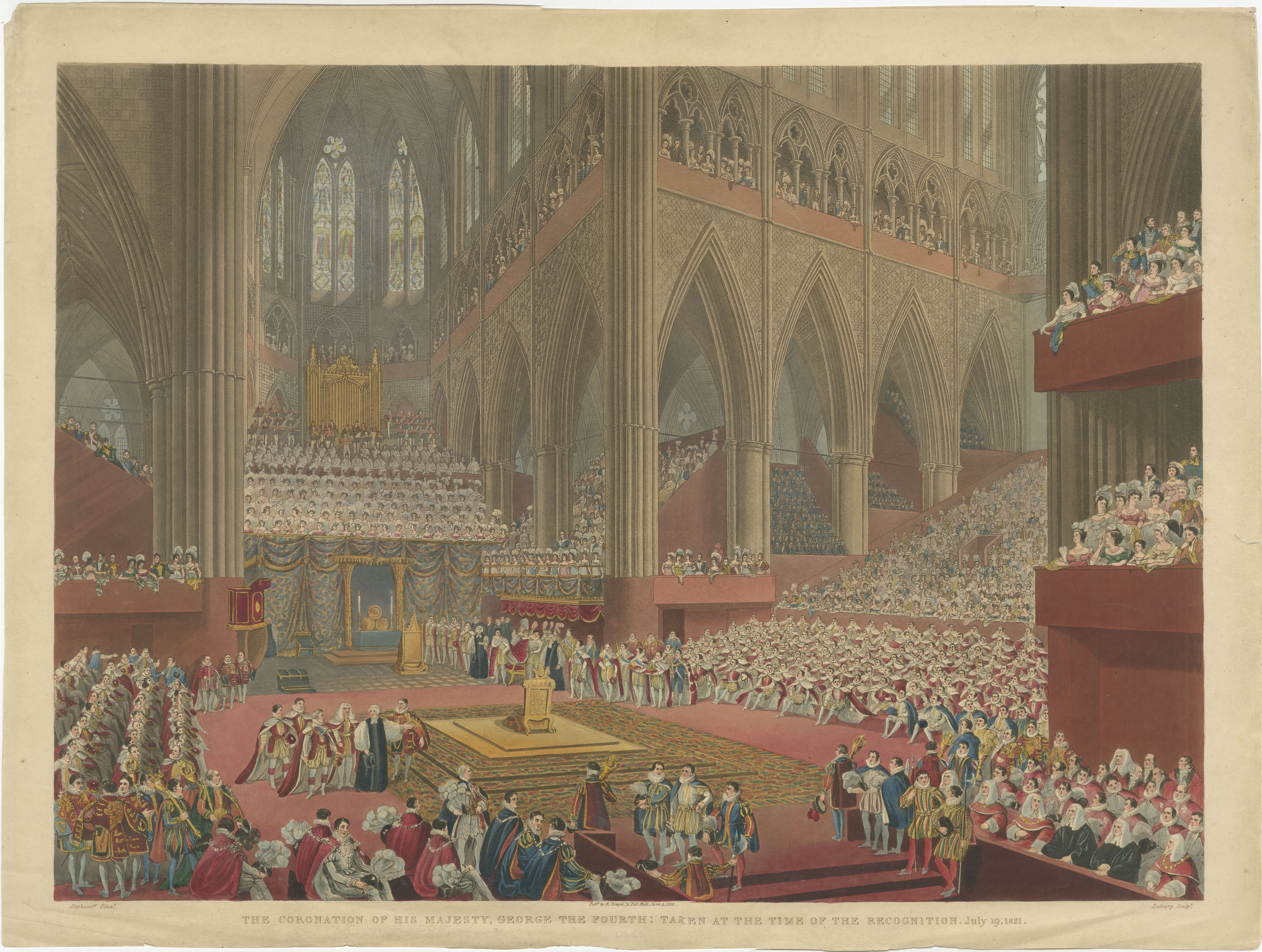 Die Krönung Seiner Majestät Georg IV. - 19. Juli 1821 - Handkolorierter Kupferstich von Matthew Dubourg, 1822

Lebendiger handkolorierter Stich, der die Krönung von König Georg IV. in der Westminster Abbey am 19. Juli 1821 zeigt, gestochen von