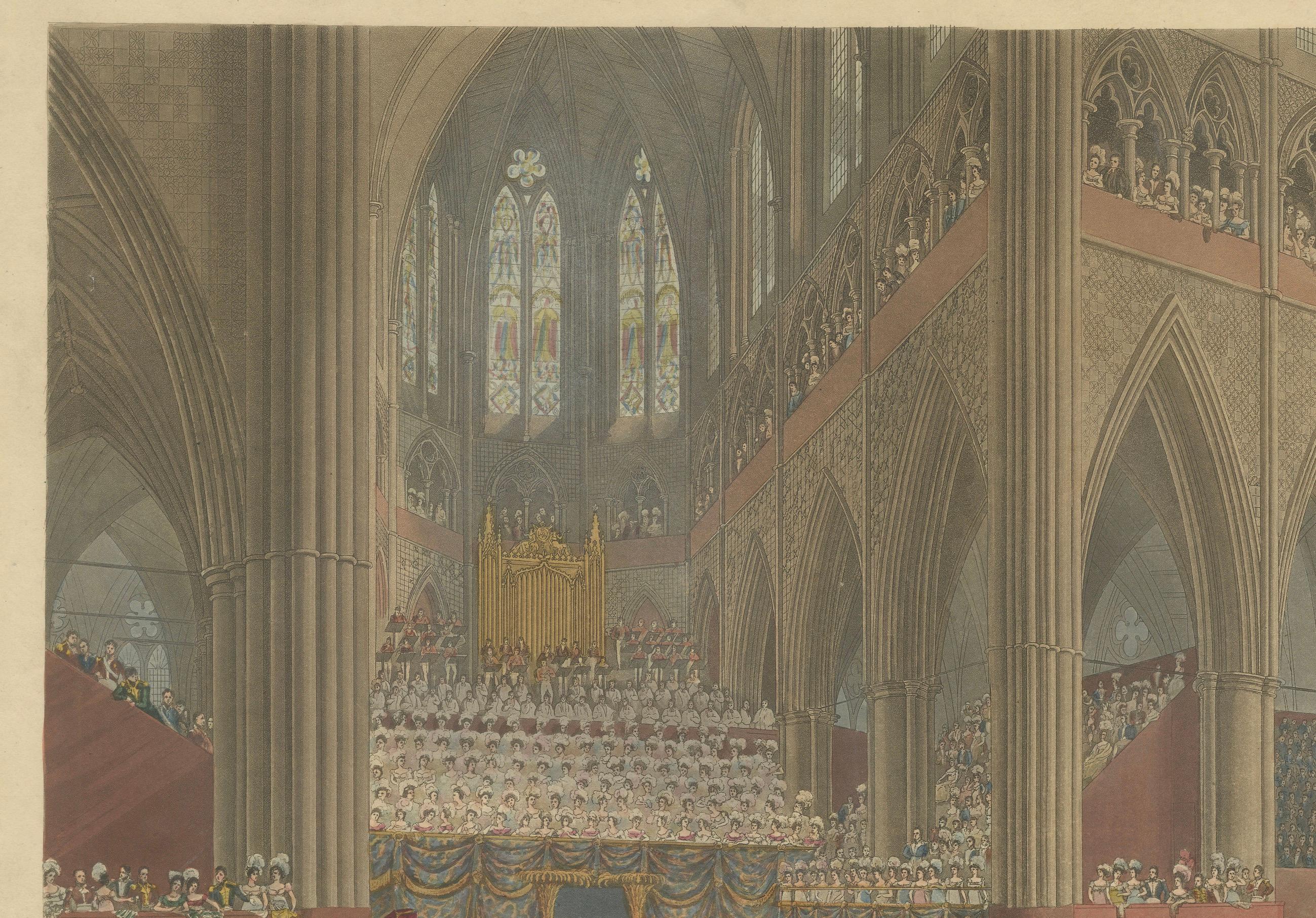 Handkolorierter Kupferstich der Krönung von Georg IV. in der Westminster Abbey, 1822 (Englisch) im Angebot