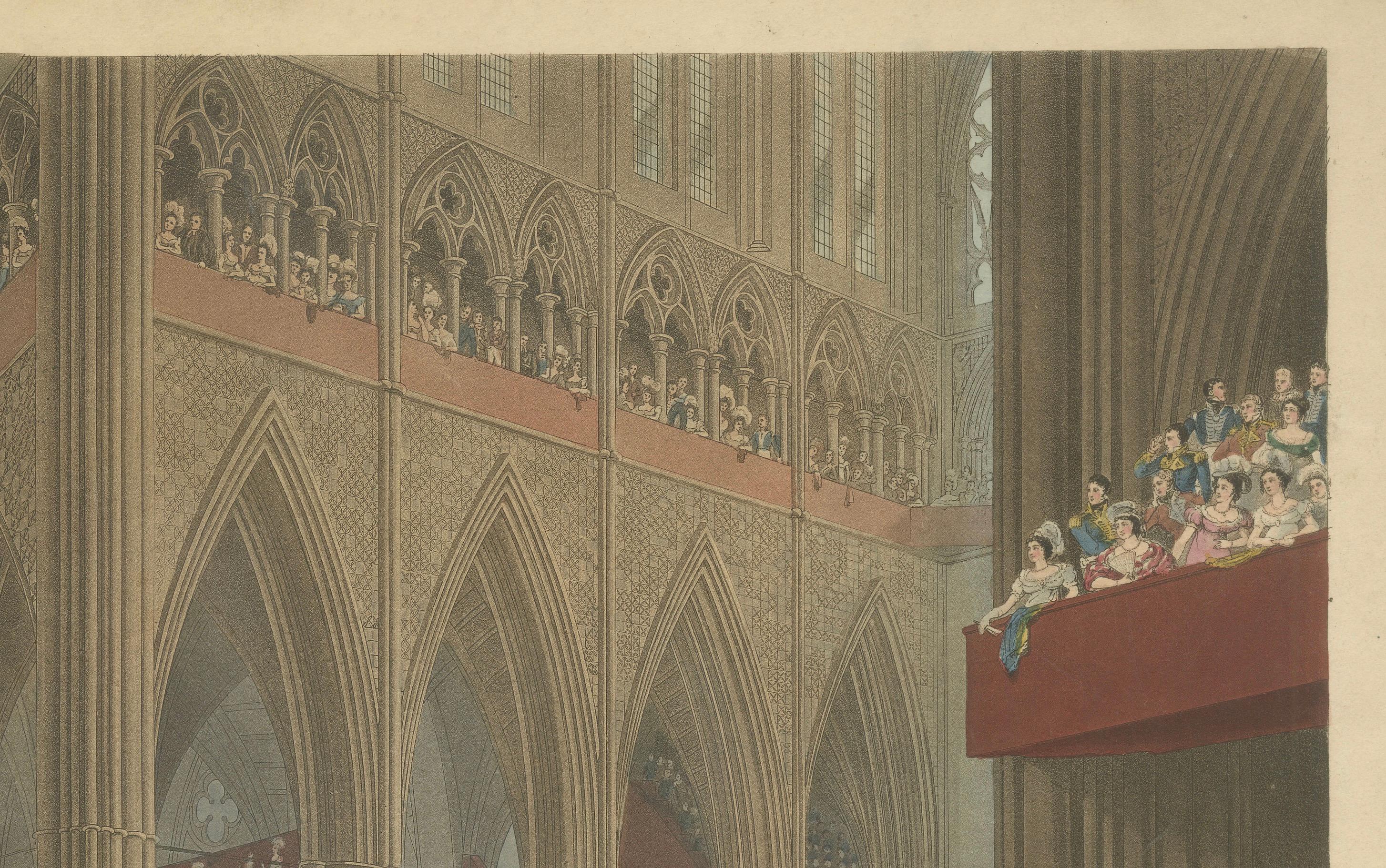 Handkolorierter Kupferstich der Krönung von Georg IV. in der Westminster Abbey, 1822 (Graviert) im Angebot