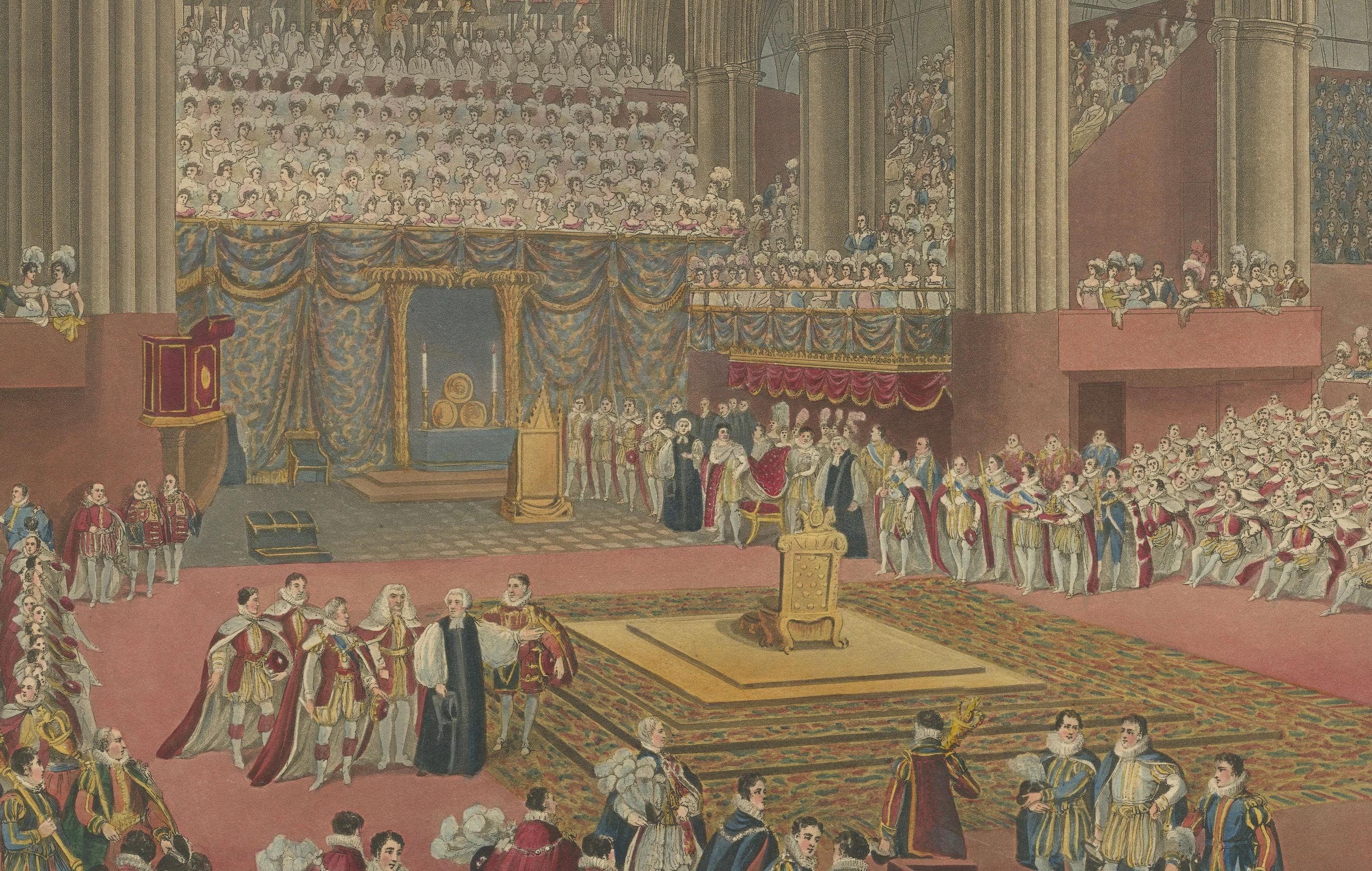 Handkolorierter Kupferstich der Krönung von Georg IV. in der Westminster Abbey, 1822 (Papier) im Angebot