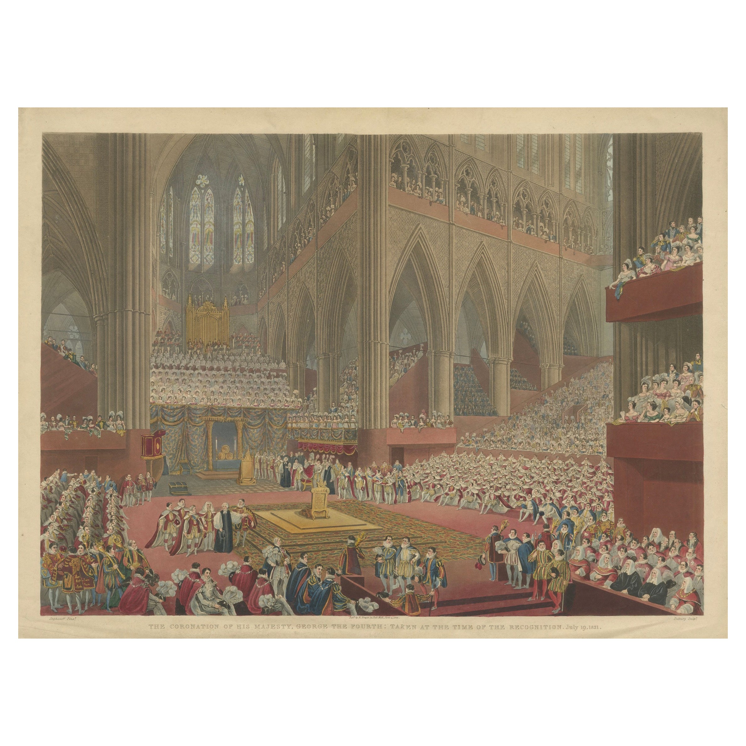 Handkolorierter Kupferstich der Krönung von Georg IV. in der Westminster Abbey, 1822