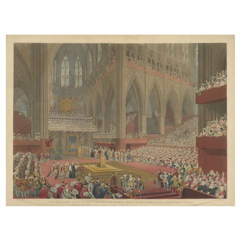 Hand-Coloured Engraving of George IV’s Coronation at Westminster Abbey, 1822