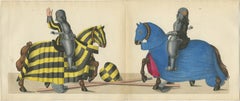 Hand-Coloured Jousting Litho: Knights on Striped and Starry Caparisoned Horses