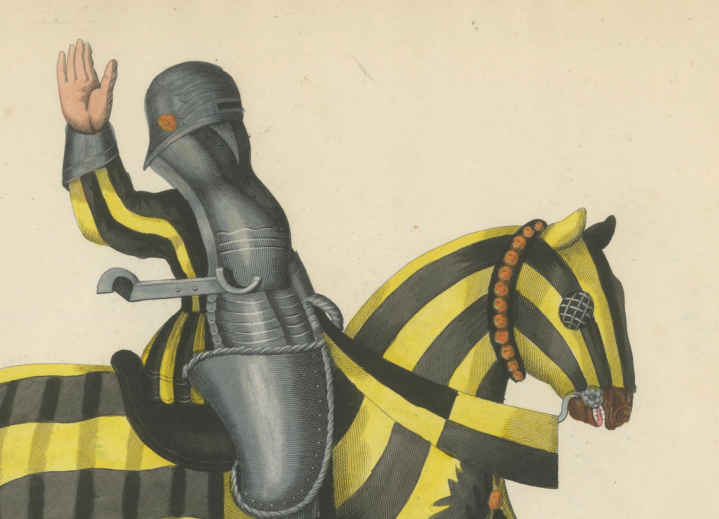 Handkoloriertes Jousting Litho: Ritter auf gestreiften und sternförmigen Caparisoned-Pferden (Mittleres 19. Jahrhundert) im Angebot