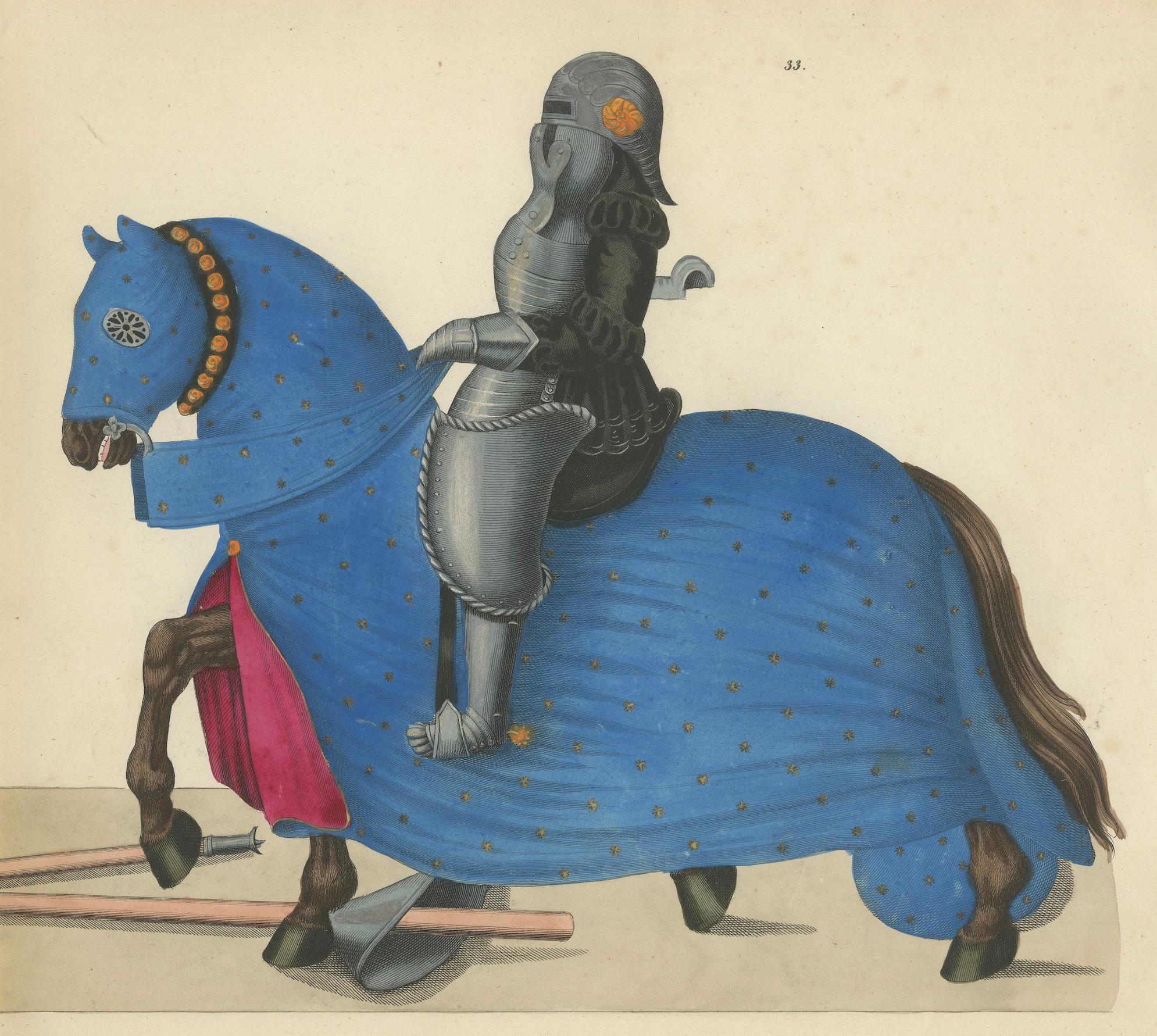 Handkoloriertes Jousting Litho: Ritter auf gestreiften und sternförmigen Caparisoned-Pferden (Papier) im Angebot