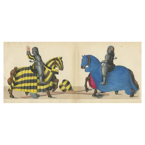 Hand-Coloured Jousting Litho: Knights on Striped and Starry Caparisoned Horses