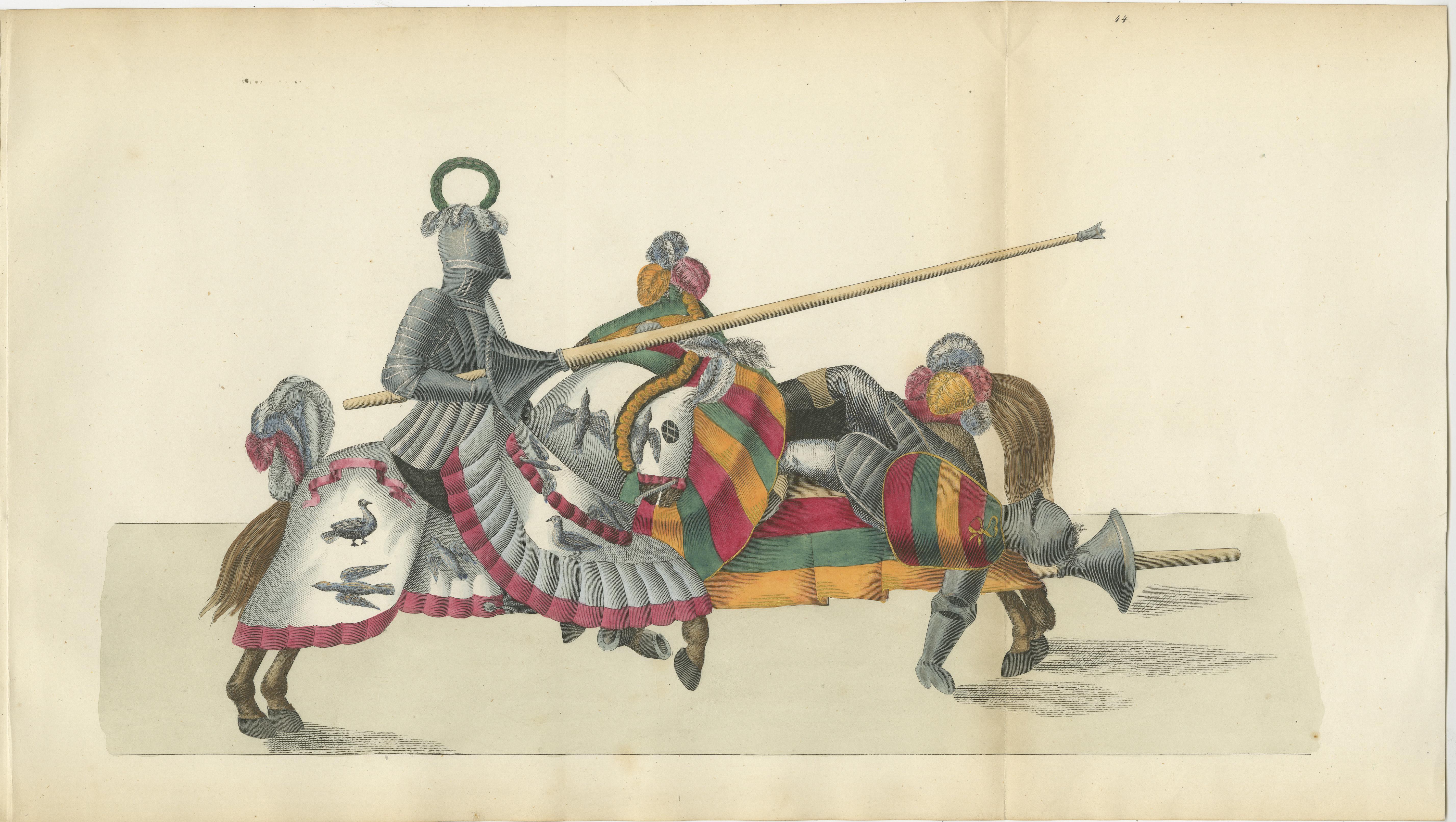 Scène de joute du 19e siècle peinte à la main : Chevalier en armure et cheval caparaçonné et rayé
  
Cette remarquable lithographie originale coloriée à la main, réalisée en 1842, est tirée de la très estimée publication *Der Rittersaal : Eine