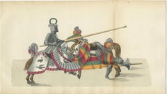 Hand-Coloured Jousting Scene: Armoured Knight and Striped Caparisoned Horse 1842