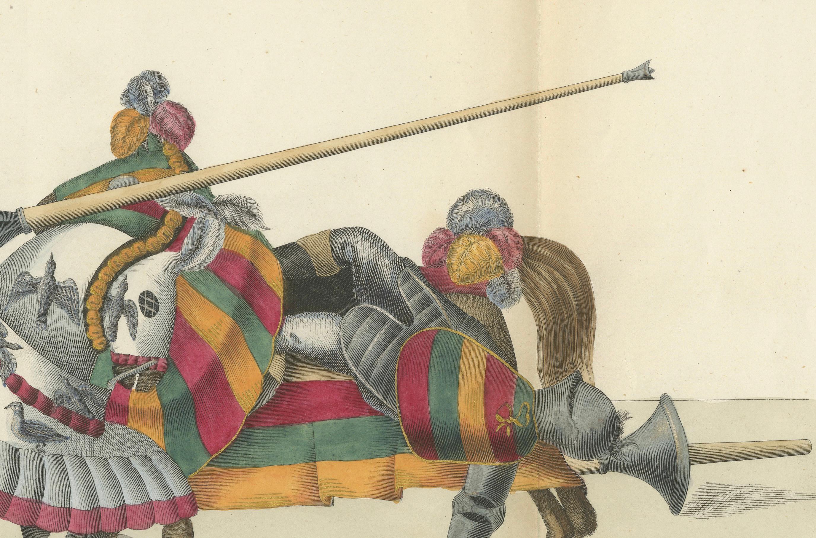 Milieu du XIXe siècle Scène de joue colorée à la main : cheval arqué et caparaçon rayé 1842 en vente