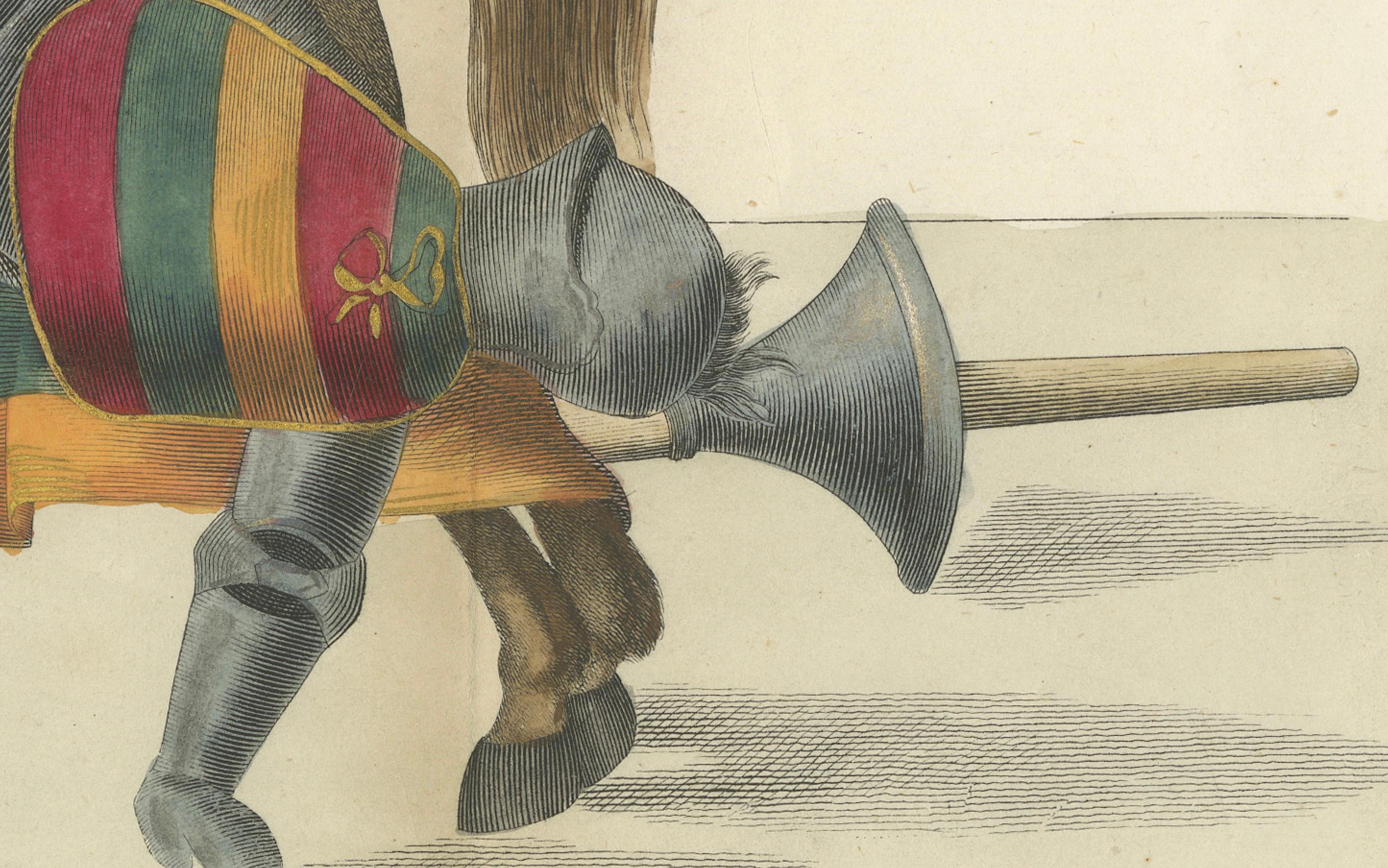 Papier Scène de joue colorée à la main : cheval arqué et caparaçon rayé 1842 en vente
