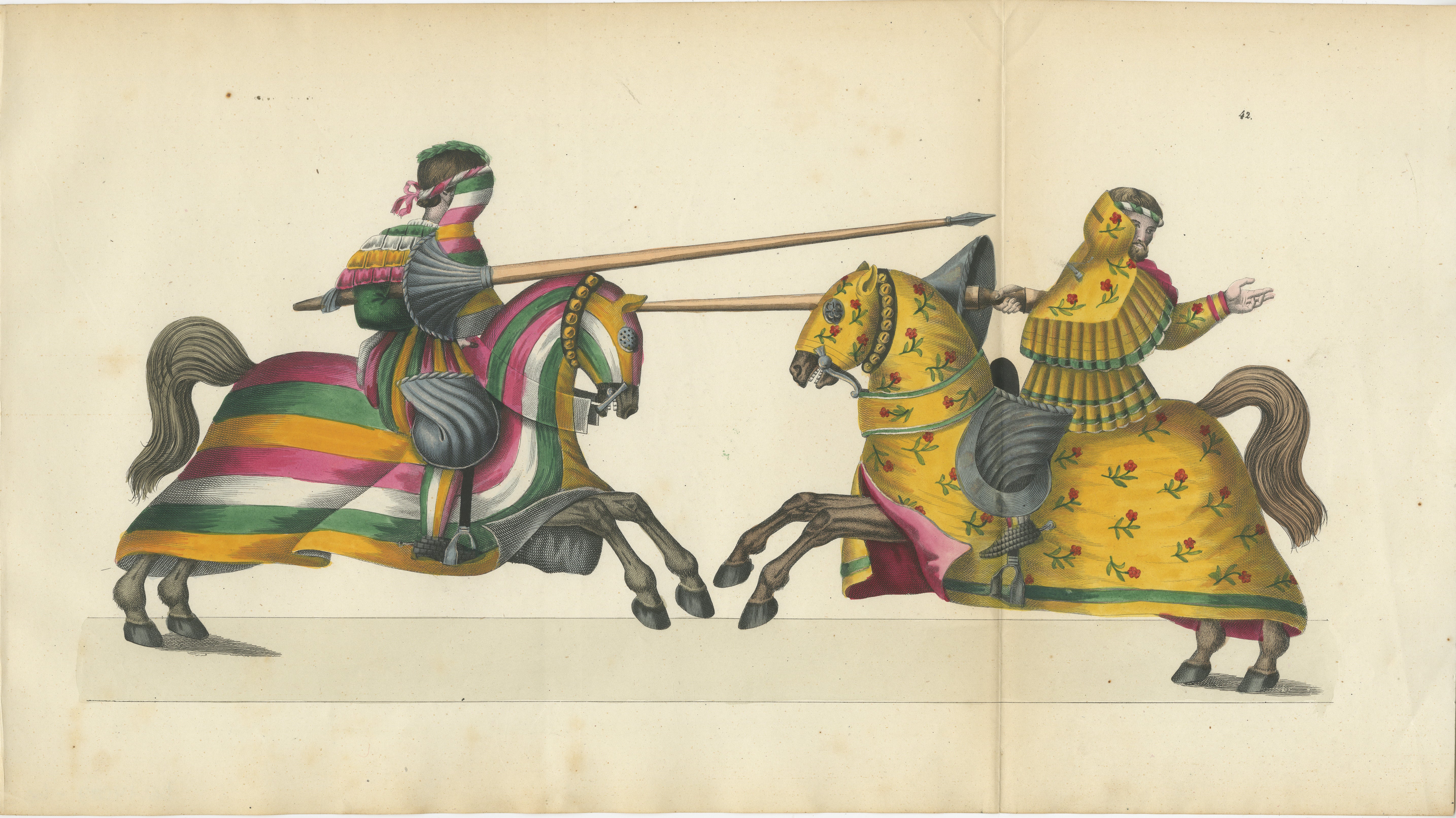Handkolorierte Ritterturnier-Szene aus dem 19. Jahrhundert mit lebhaften gestreiften und geblümten Kaparisons
  
Diese prächtige handkolorierte Originallithografie aus dem Jahr 1842 bietet einen fesselnden Einblick in die prächtige Welt der
