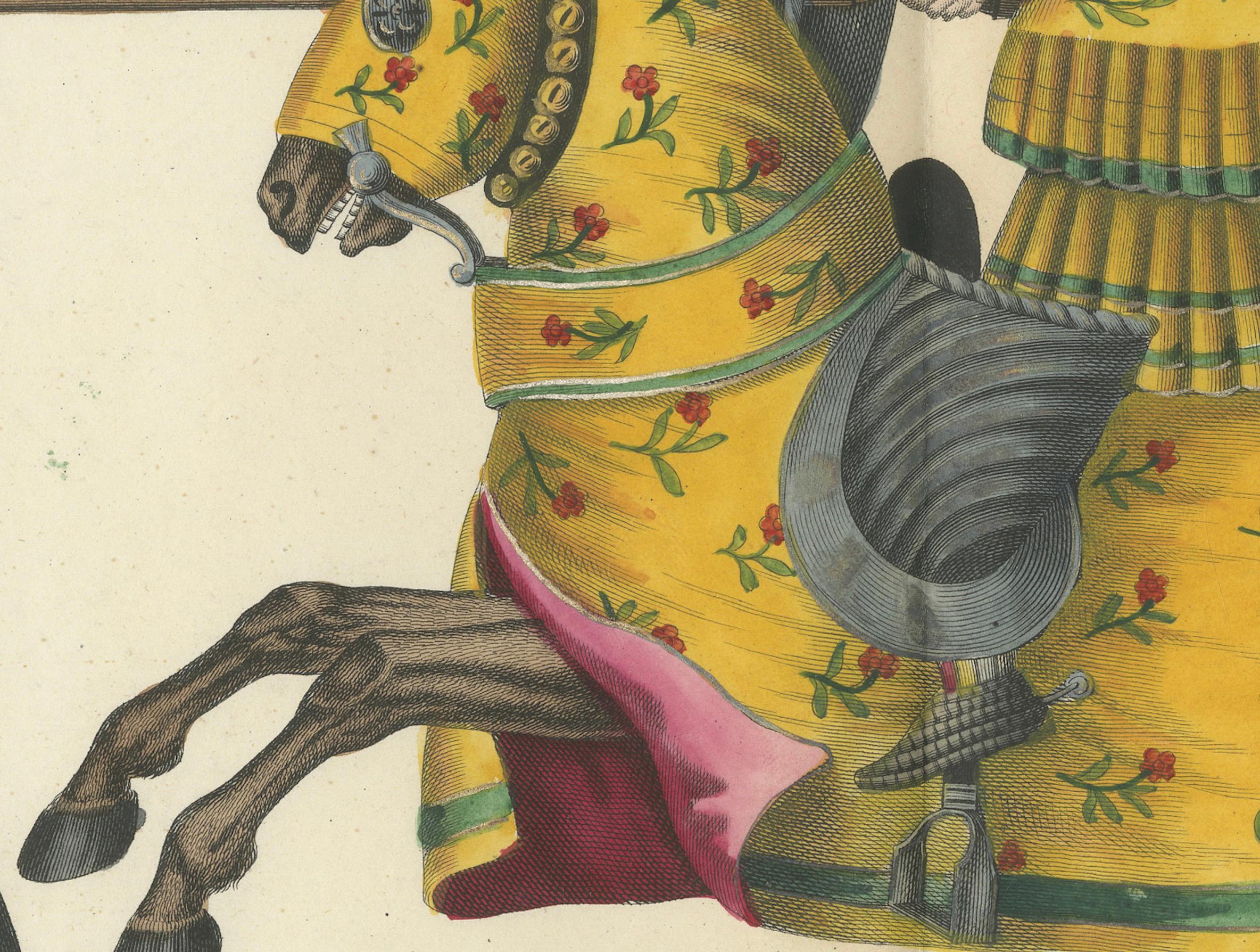 Handkolorierte Jousting-Szene mit lebhaft gestreiften und geblümten Caparisons mit lebhaften Streifen, 1842 im Zustand „Gut“ im Angebot in Langweer, NL