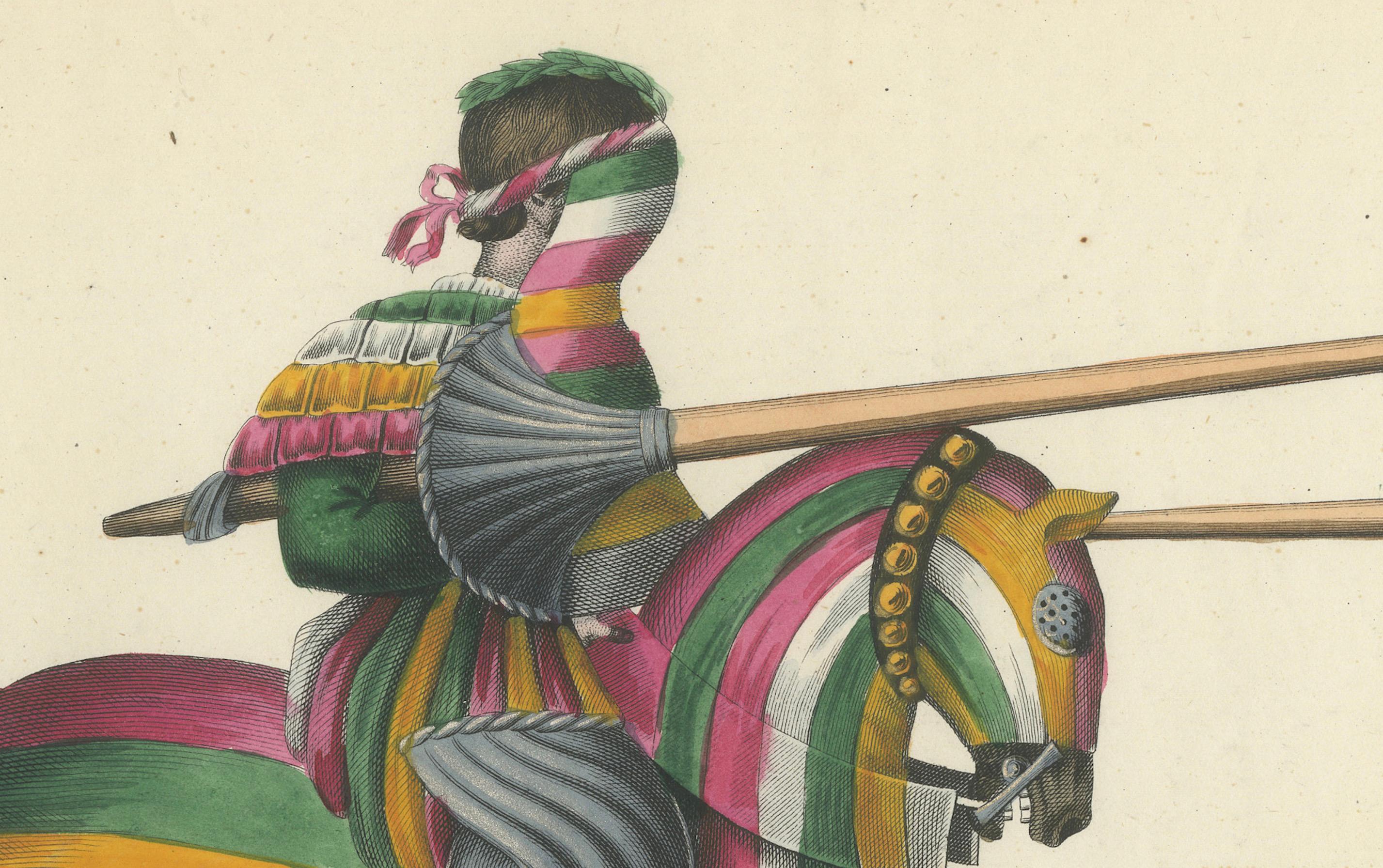 Handkolorierte Jousting-Szene mit lebhaft gestreiften und geblümten Caparisons mit lebhaften Streifen, 1842 (Mittleres 19. Jahrhundert) im Angebot