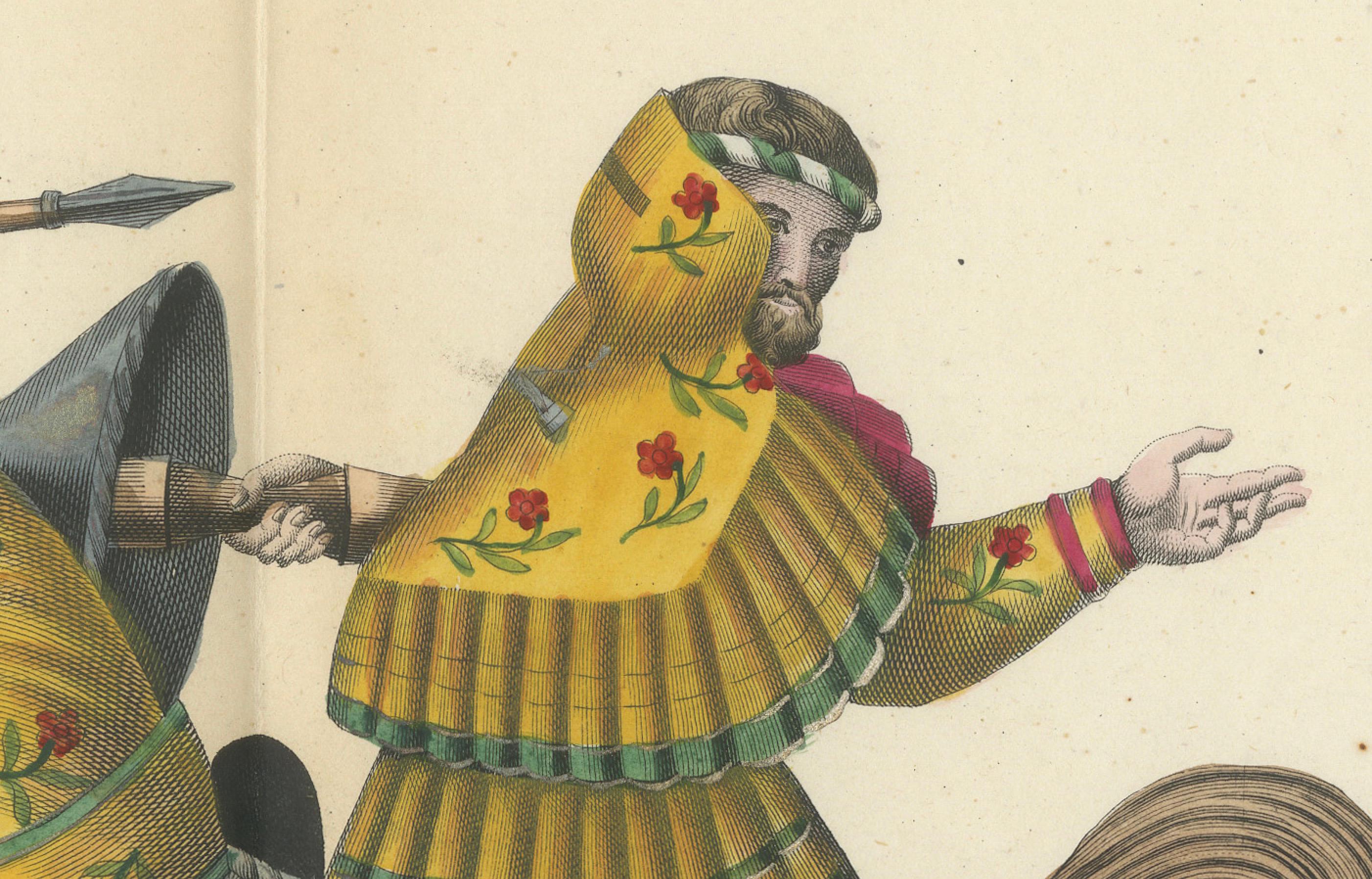 Handkolorierte Jousting-Szene mit lebhaft gestreiften und geblümten Caparisons mit lebhaften Streifen, 1842 (Papier) im Angebot